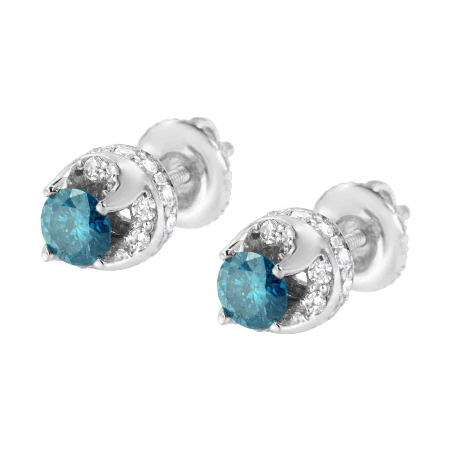 14K White Gold 1.00 Cttw Treated Blue and White Diamond Hidden Halo Stud Earrings (Blue/I-J Color, I2-I3 Clarity)