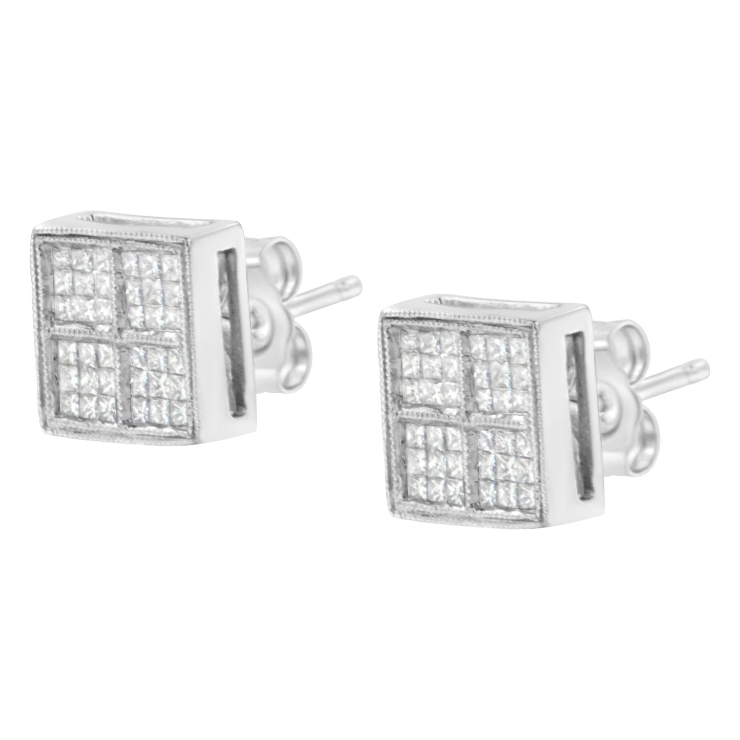 14K White Gold 1/2 Cttw Princess Diamond Composite Box Shape Milgrain Stud Earrings (H-I Color, SI1-SI2 Clarity)