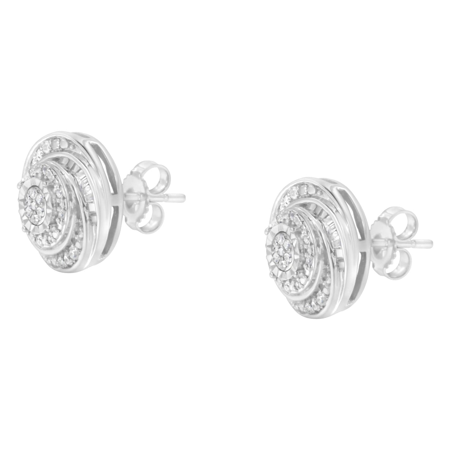 .925 Sterling Silver 1/4 Cttw Baguette and Round Diamond Swirl Love Knot Stud Earrings (I-J Color, I3 Clarity)