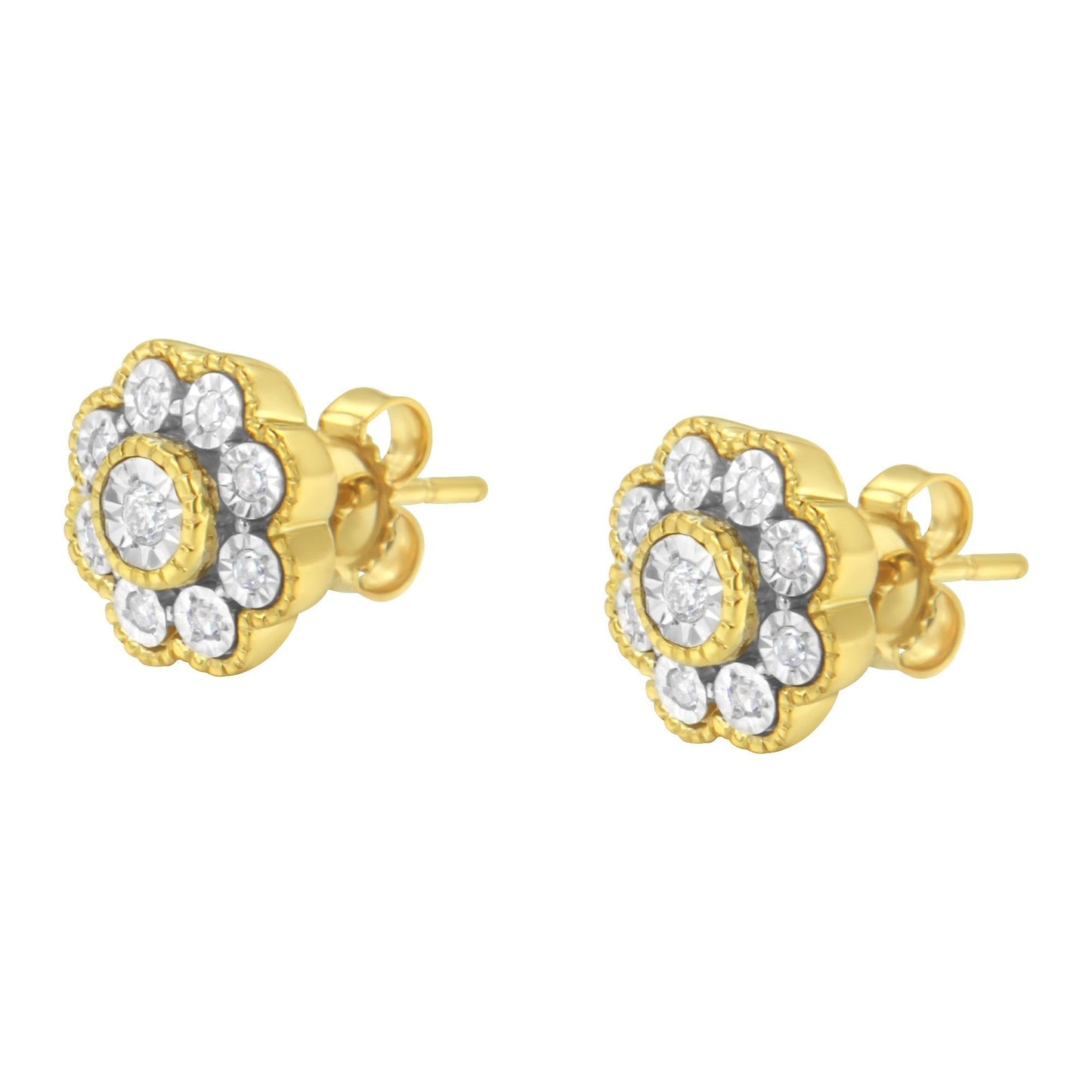 14K Yellow Gold Plated .925 Sterling Silver 1/6 Cttw Miracle-Plate Set Diamond Floral Stud Earrings (I-J Color, I2-I3 Clarity)