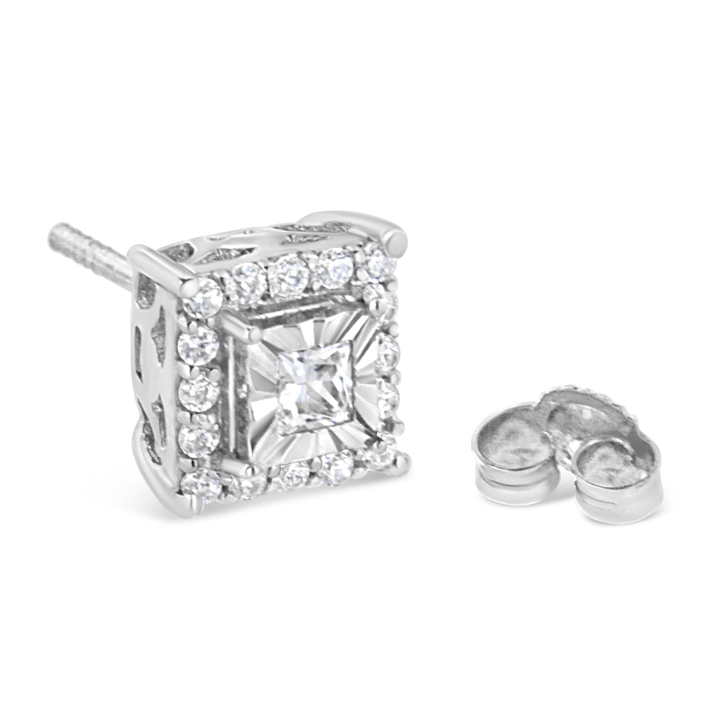 .925 Sterling Silver 1/4 Cttw Princess and Round Cut Diamond Halo Stud Earrings (I-J Color, I2-I3 Clarity)