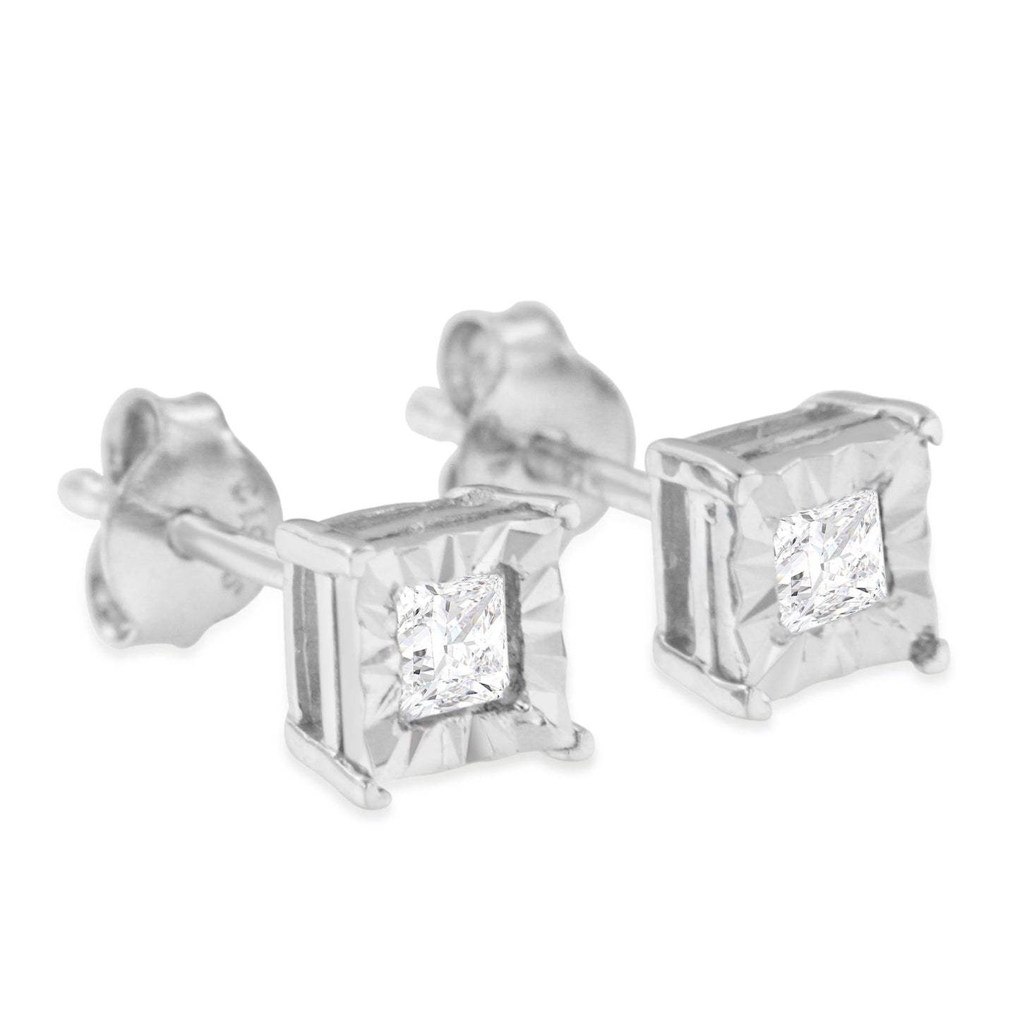 .925 Sterling Silver Miracle Set Princess-Cut Diamond Solitaire Stud Earrings (I-J Color, SI1-SI2 Clarity)