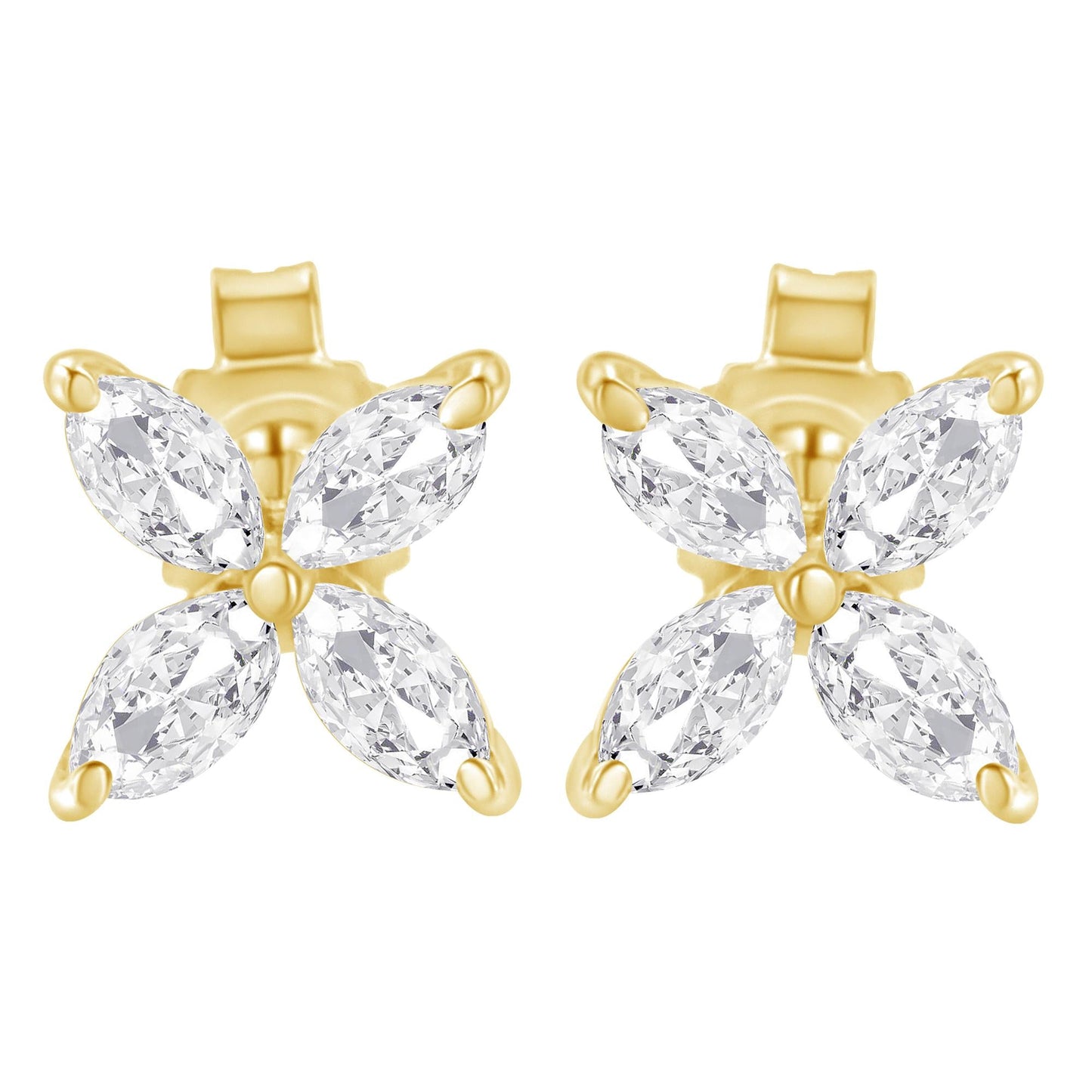 14K Gold Marquise Diamond 8 Stone Floral Leaf Stud Earrings (I-J Color, SI2-I1 Clarity)