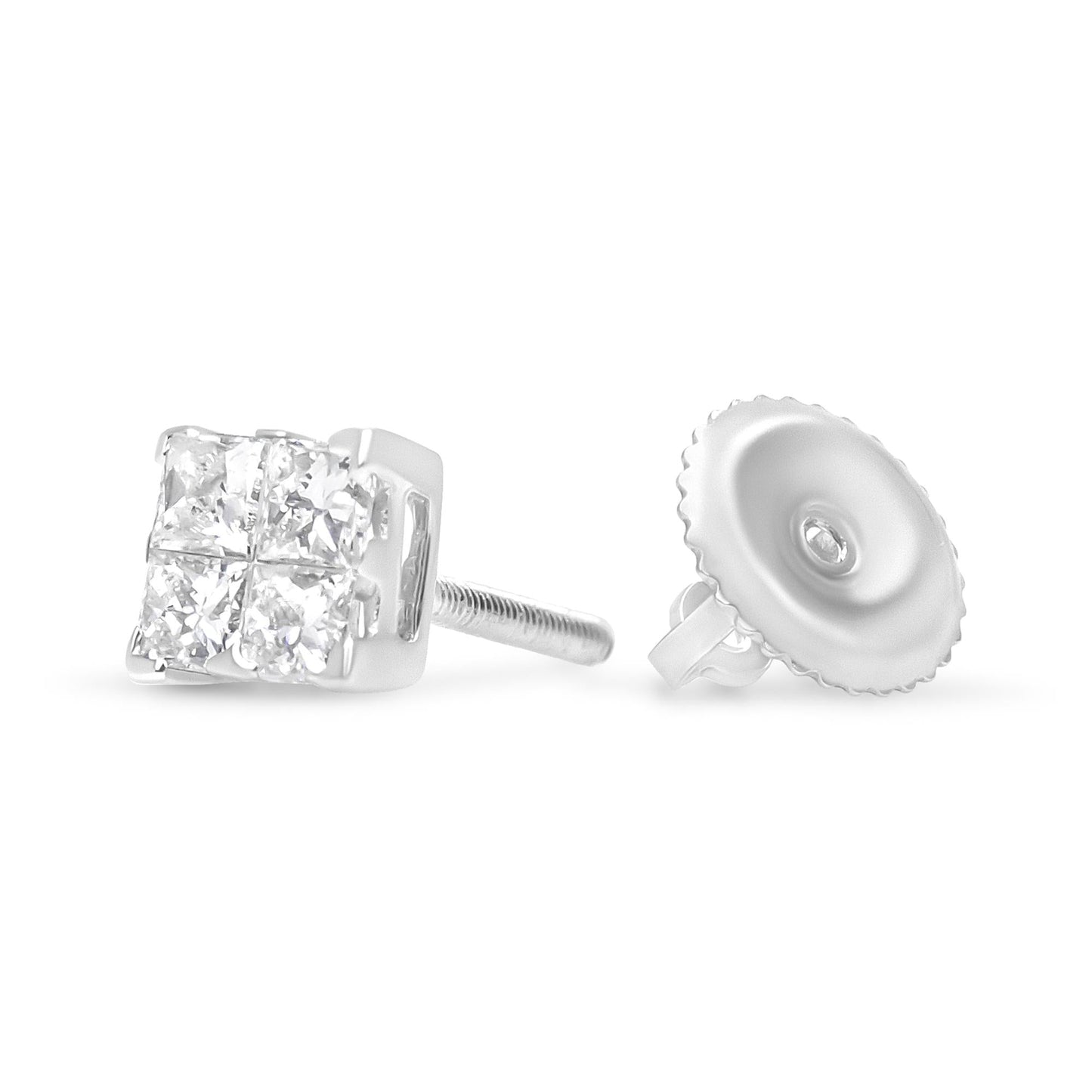 14K White Gold 1/2 Cttw Invisible-Set Princess Diamond Quad Cluster Stud Earrings (H-I Color, SI1-SI2 Clarity)