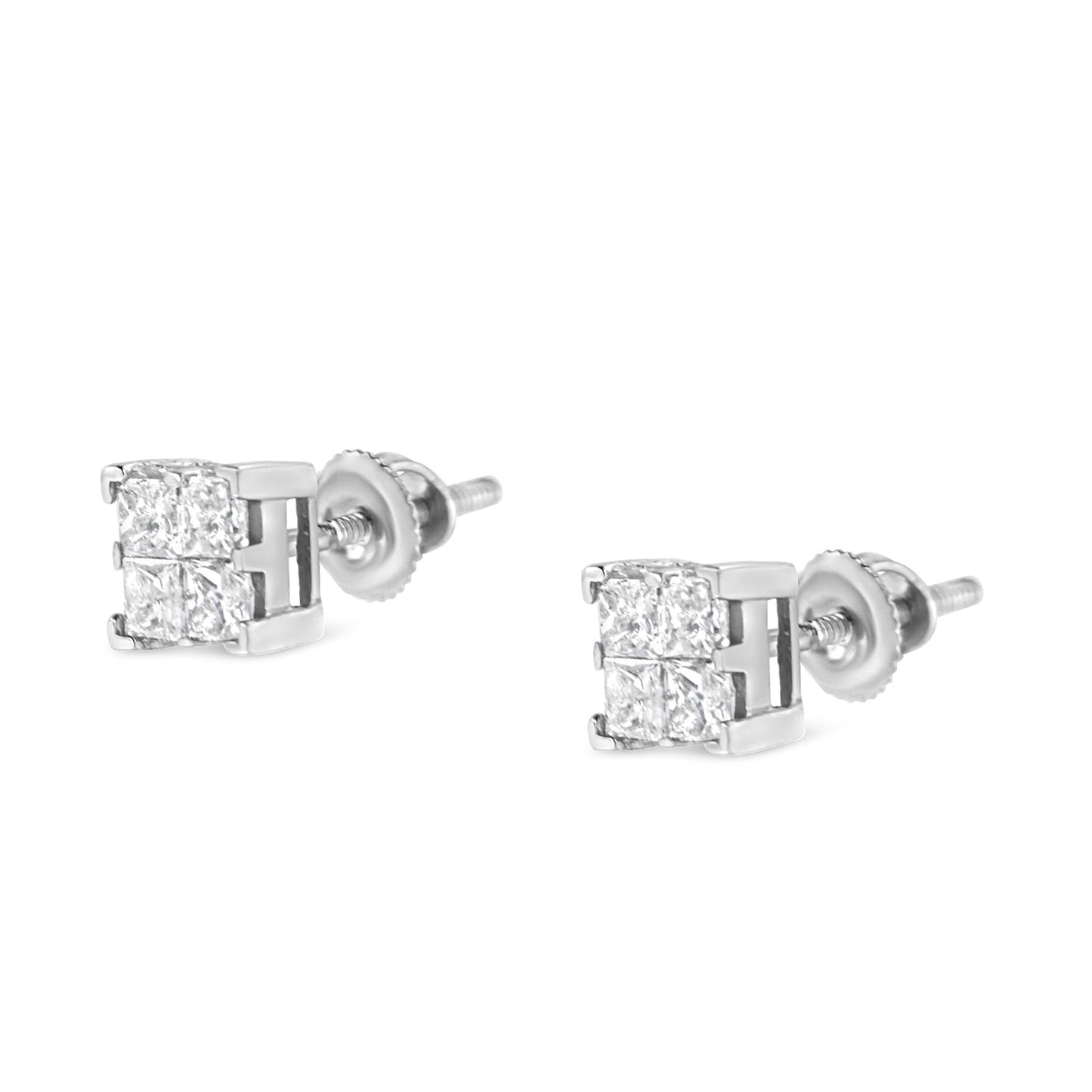 10K White Gold 3/4 Cttw Invisible Set Princess-Cut Diamond Composite Square Stud Earrings (H-I Color, SI2-I1 Clarity)