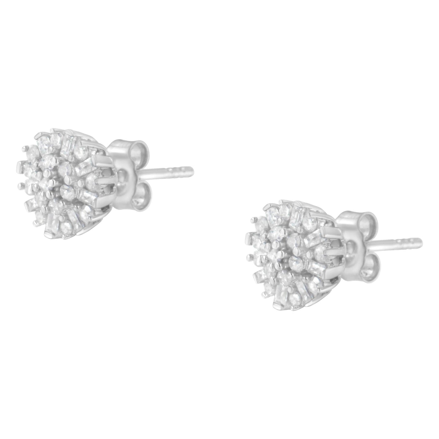 .925 Sterling Silver 1/2 Round and Baguette Diamond Sunburst Floral Cluster Stud Earrings (I-J Color, I3 Clarity)