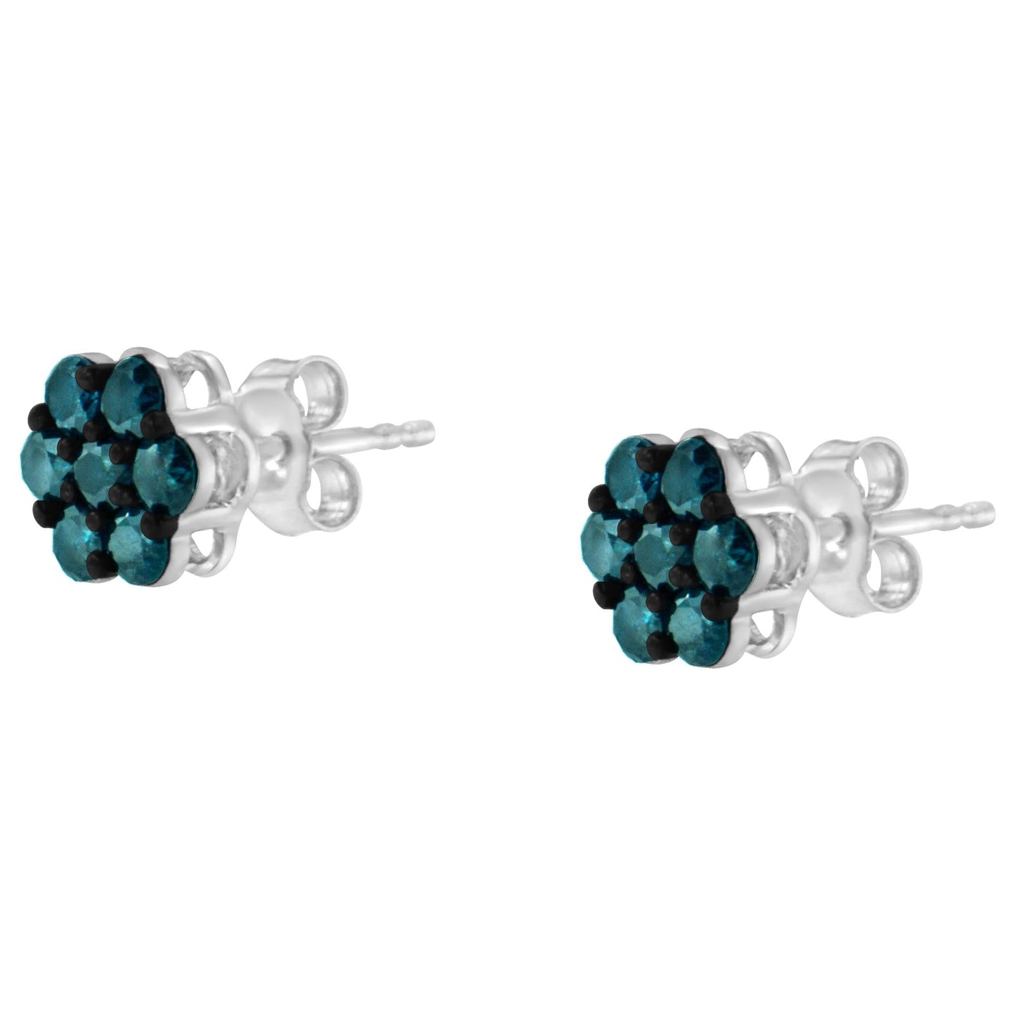 Sterling Silver Treated Blue Diamond Floral Stud Earrings (1 cttw, Blue Color, I2-I3 Clarity)