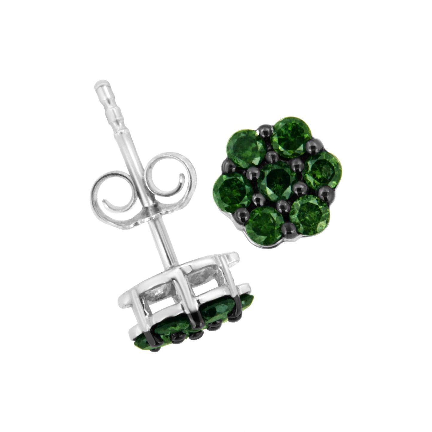 .925 Sterling Silver  Prong Set Round-Cut Treated Colored Diamond Floral Cluster Stud Earring - Choice of Diamond Colors and Total Weights