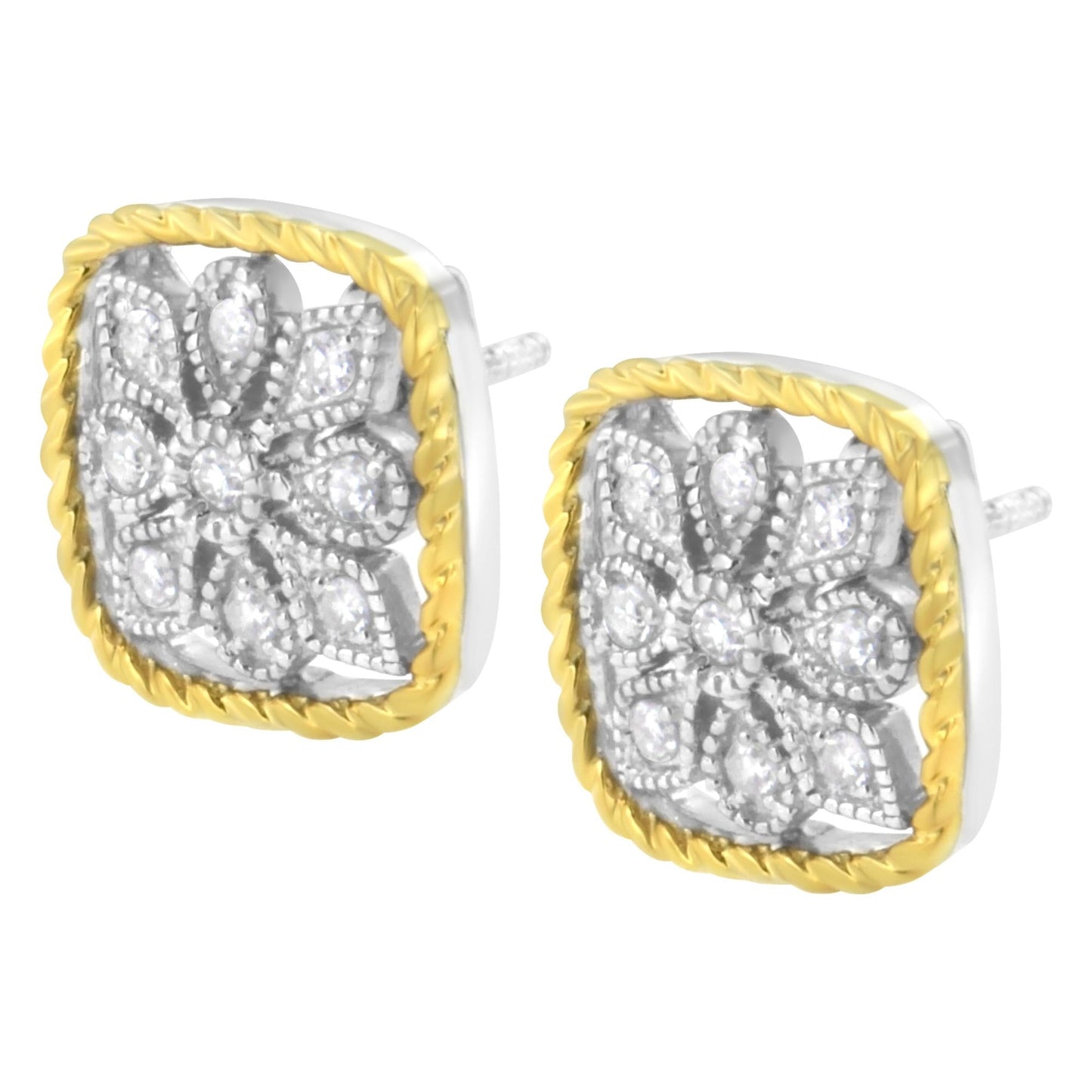 10K Yellow Gold Plated .925 Sterling Silver 1/4 cttw Diamond "Flower in a Box" Stud Earrings (I-J Color, I2-I3 Clarity)