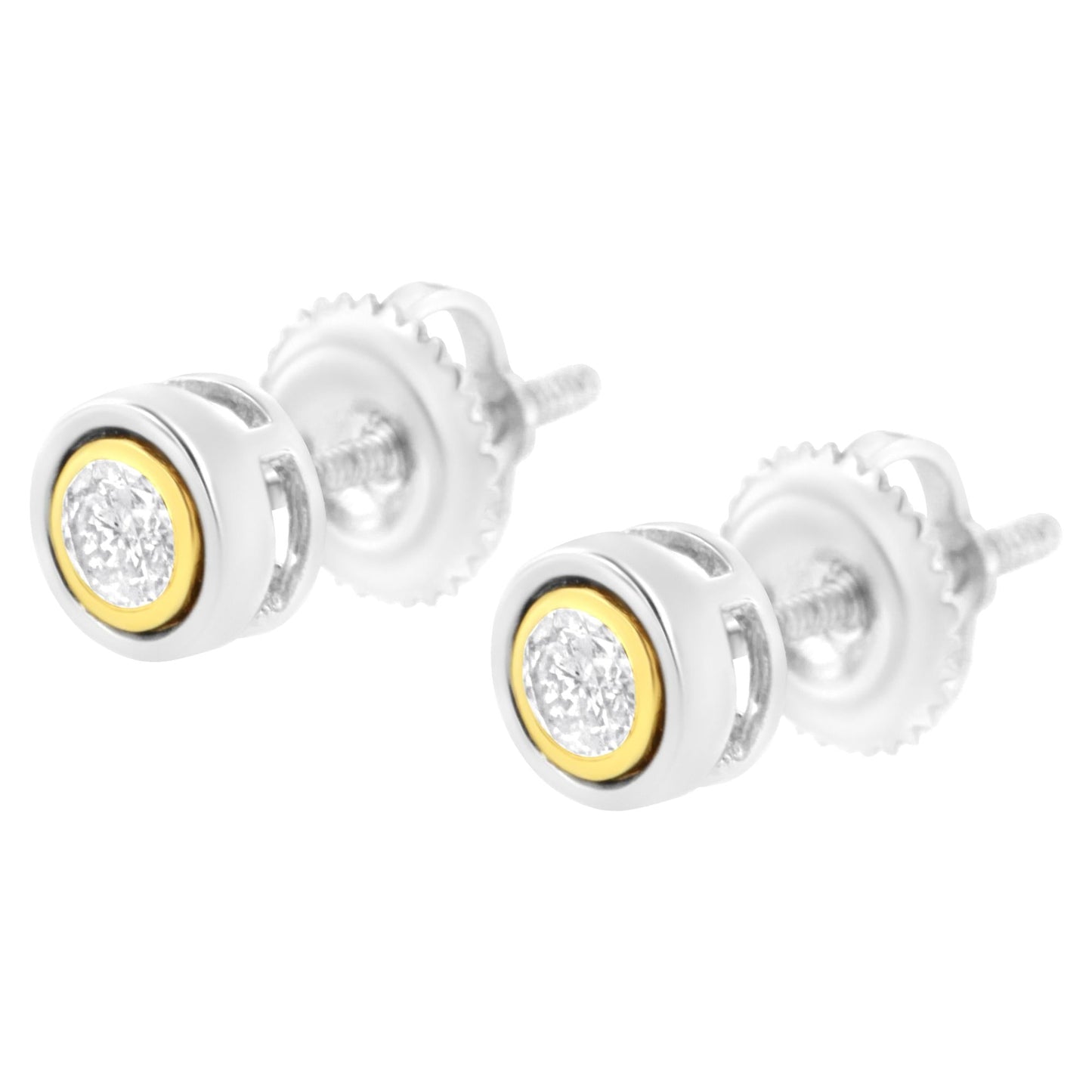 10K Yellow & White Two-Tone Gold 1/5 Cttw Round Brilliant-Cut Near Colorless Diamond Bezel-Set Stud Earrings with Screw Backs (J-K Color, I1-I2 Clarity)