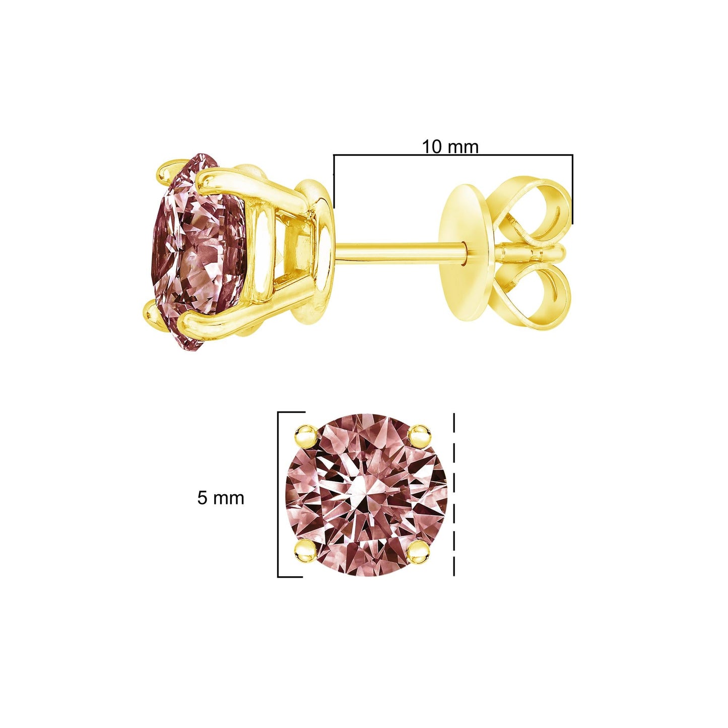 14K Yellow Gold 1.00 Cttw Round Brilliant Cut Lab Grown Pink Diamond 4-Prong Classic Solitaire Earrings (Pink Color, VVS2-VS1 Clarity)