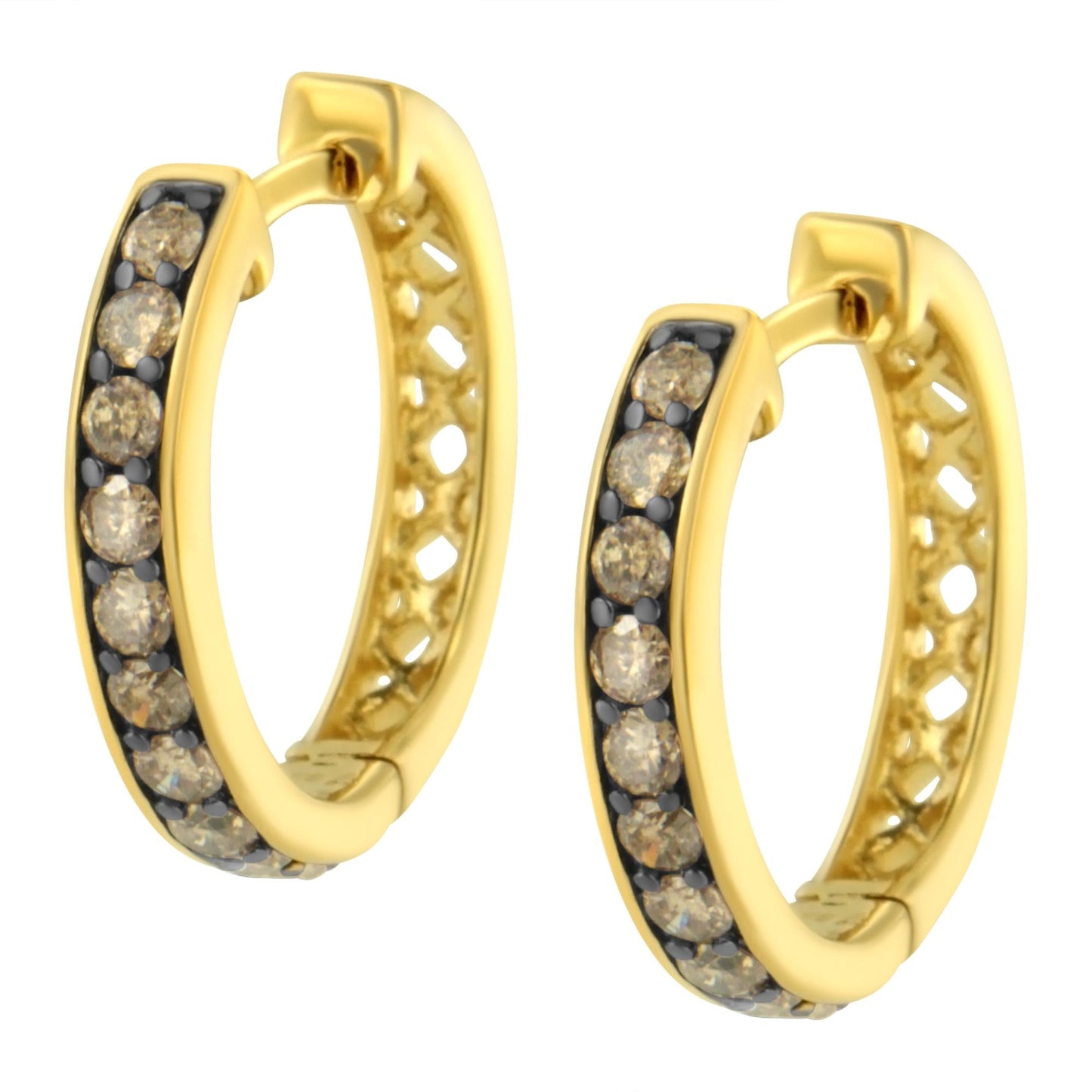 10K Yellow Gold and Black Rhodium Plated 1.0 Cttw Round-Cut Diamond Hoop Earrings (Champagne Color, I1-I2 Clarity)