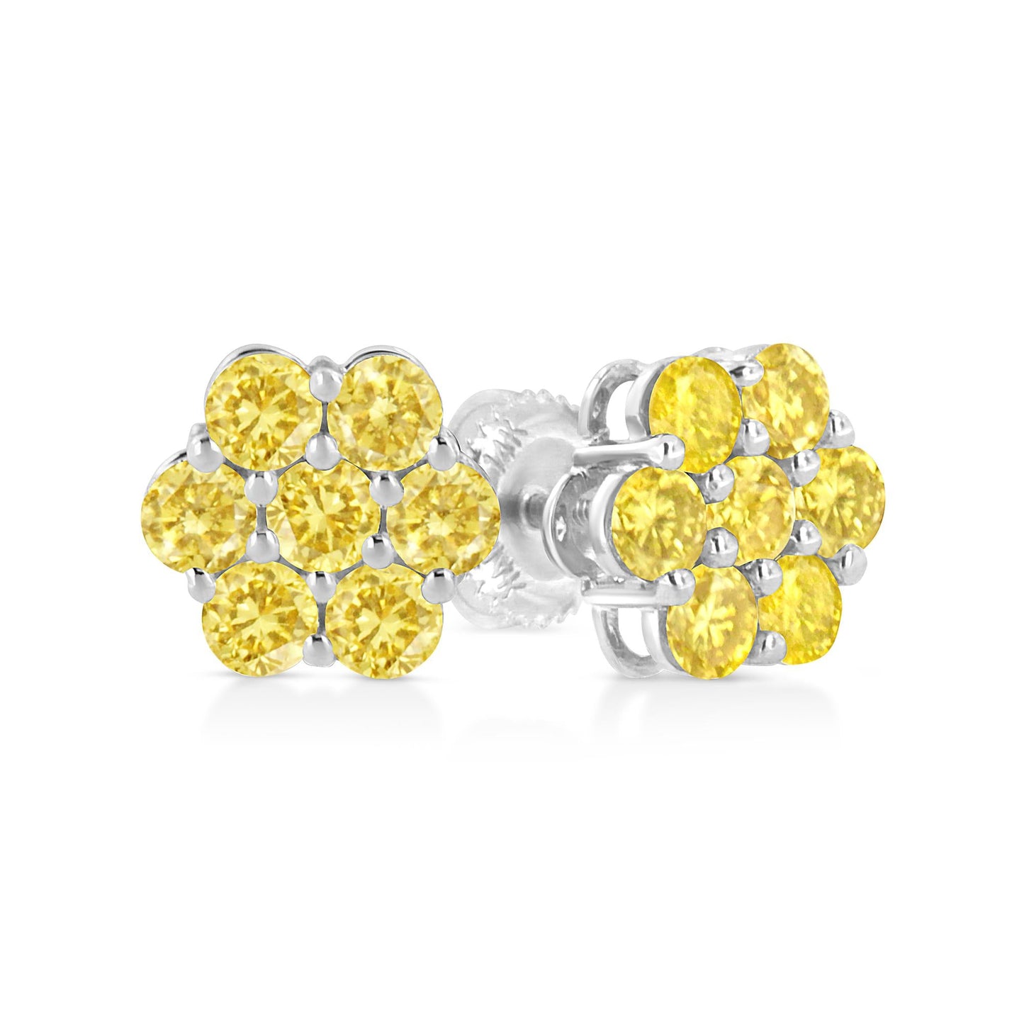 .925 Sterling Silver  Prong Set Round-Cut Treated Colored Diamond Floral Cluster Stud Earring - Choice of Diamond Colors and Total Weights