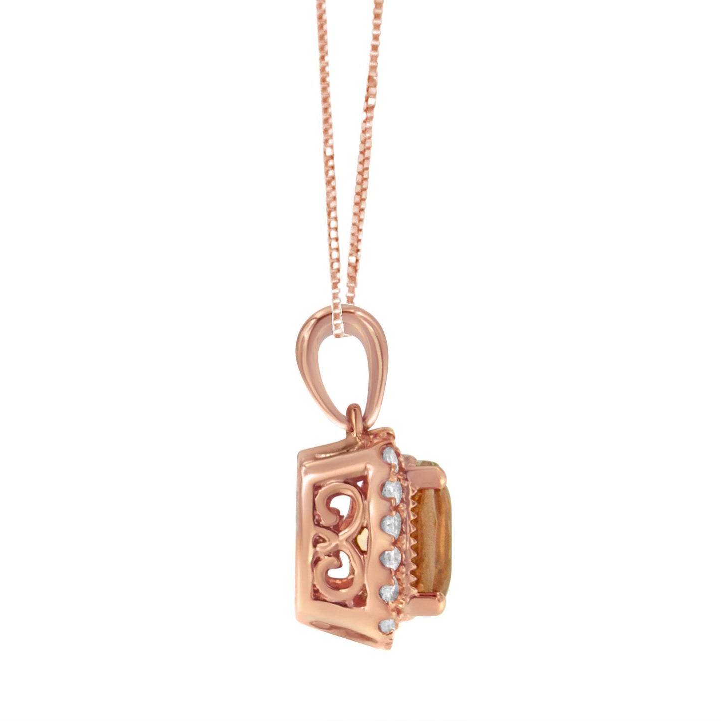 10K Rose Gold 1/4ct Diamond and 8MM Peach Morganite Gemstone Square Pendant (H-I, I1-I2)