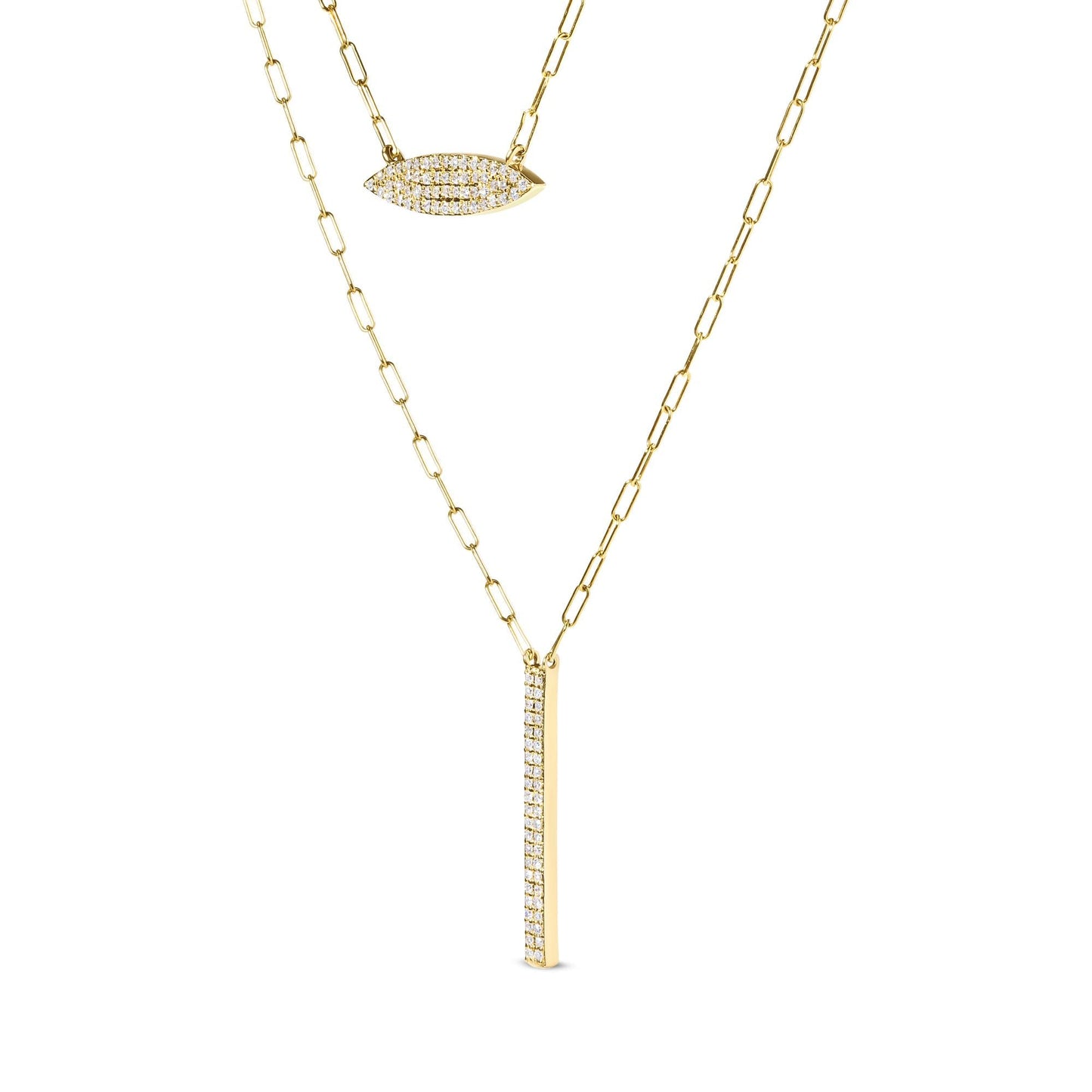 14K Yellow Gold 3/8 Cttw Two-Strand Marquise and Bar Charm Paper Clip Link Pendant Necklace  (I-J Color, I1-I2 Clarity) -18" and 20" Inch Lengths