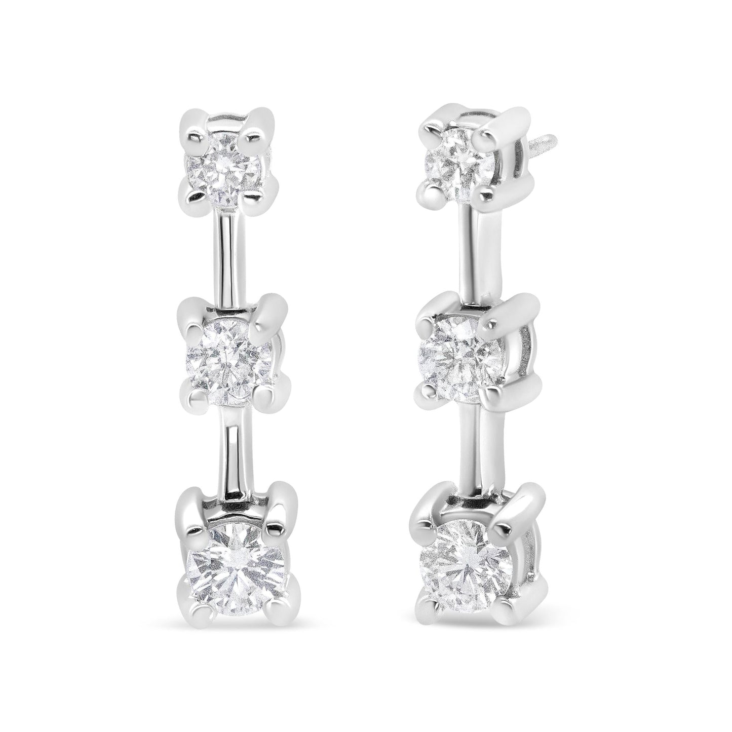 14K Gold Round Diamond 3 Stone Graduated Linear Drop Past, Present and Future Stud Earrings (H-I Color, SI1-SI2 Clarity)