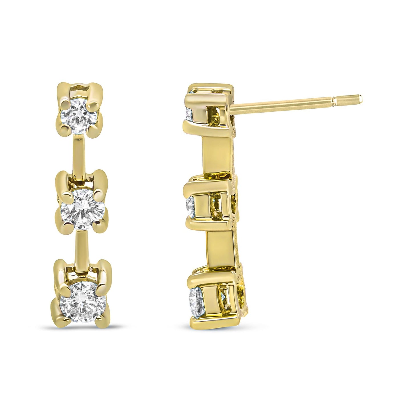 14K Gold Round Diamond 3 Stone Graduated Linear Drop Past, Present and Future Stud Earrings (H-I Color, SI1-SI2 Clarity)