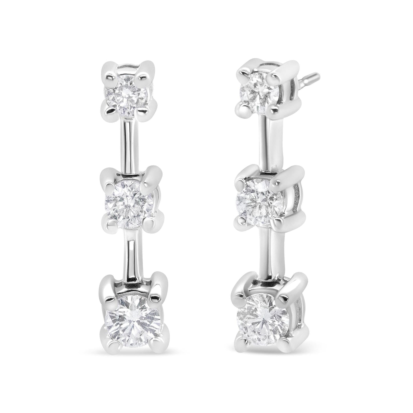 14K Gold Round Diamond 3 Stone Graduated Linear Drop Past, Present and Future Stud Earrings (H-I Color, SI1-SI2 Clarity)