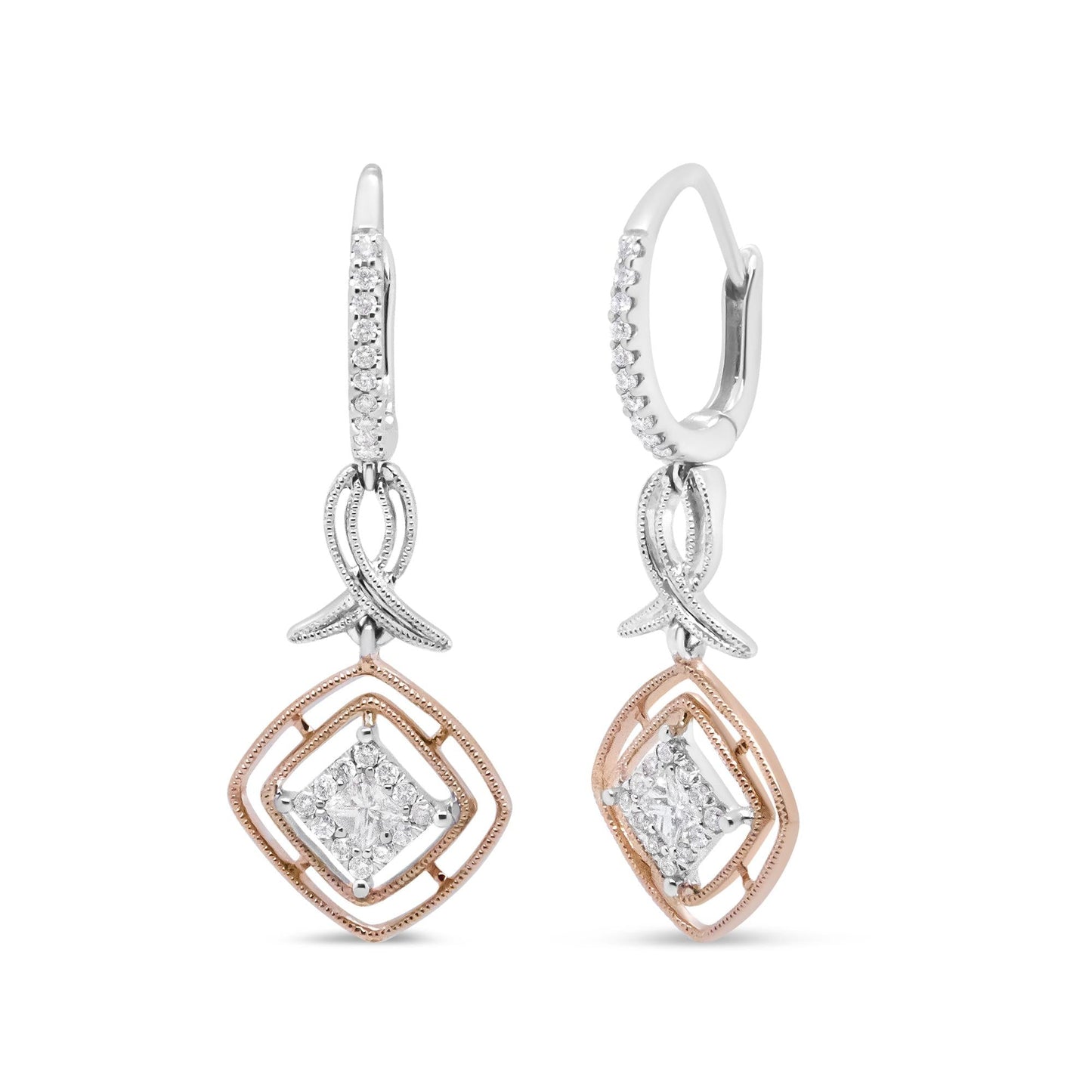 14K White and Rose Gold 1/2 Cttw Round and Princess-Cut Diamond Openwork Marquise Ribbon Dangle Earring (G-H Color, SI2-I1 Clarity)