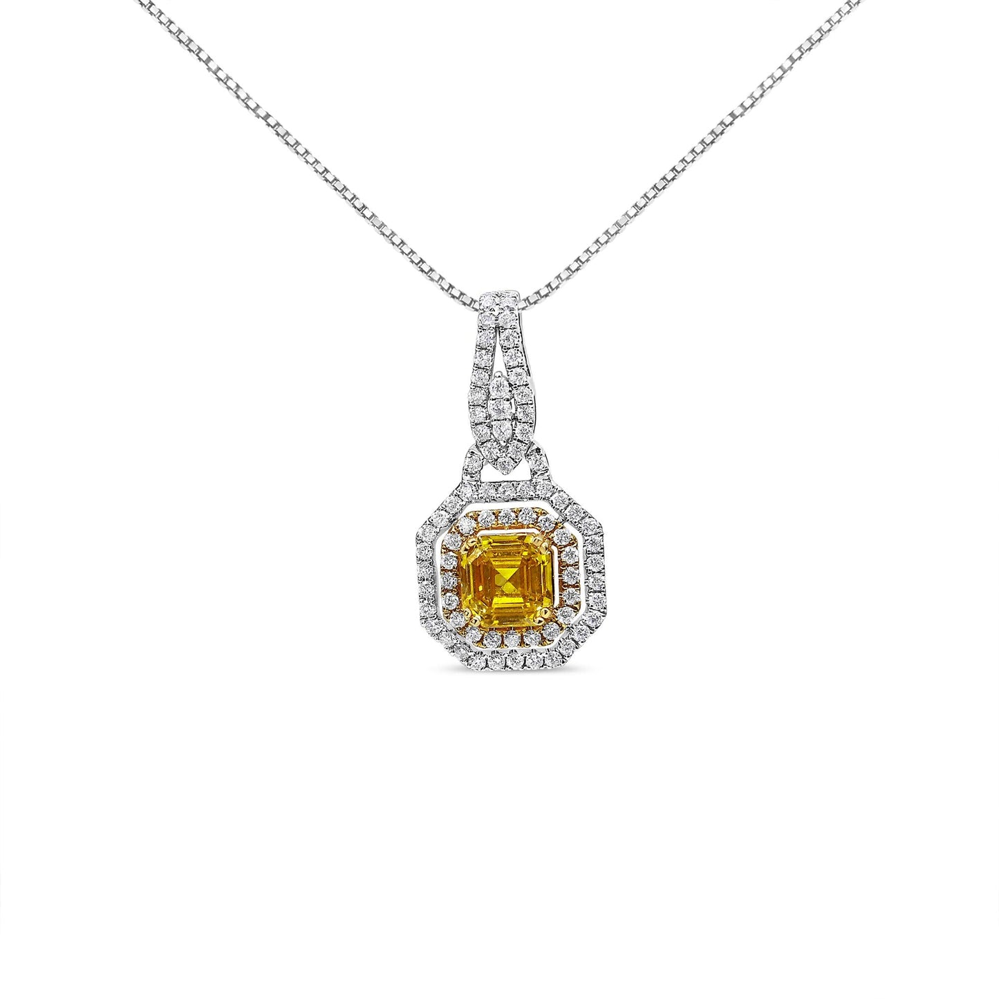 18K White and Yellow Gold 2 3/5 Cttw Lab Grown Yellow Asscher Diamond Double Framed Halo 18" Pendant Necklace (Yellow/G-H Color, VS1-VS2 Clarity)