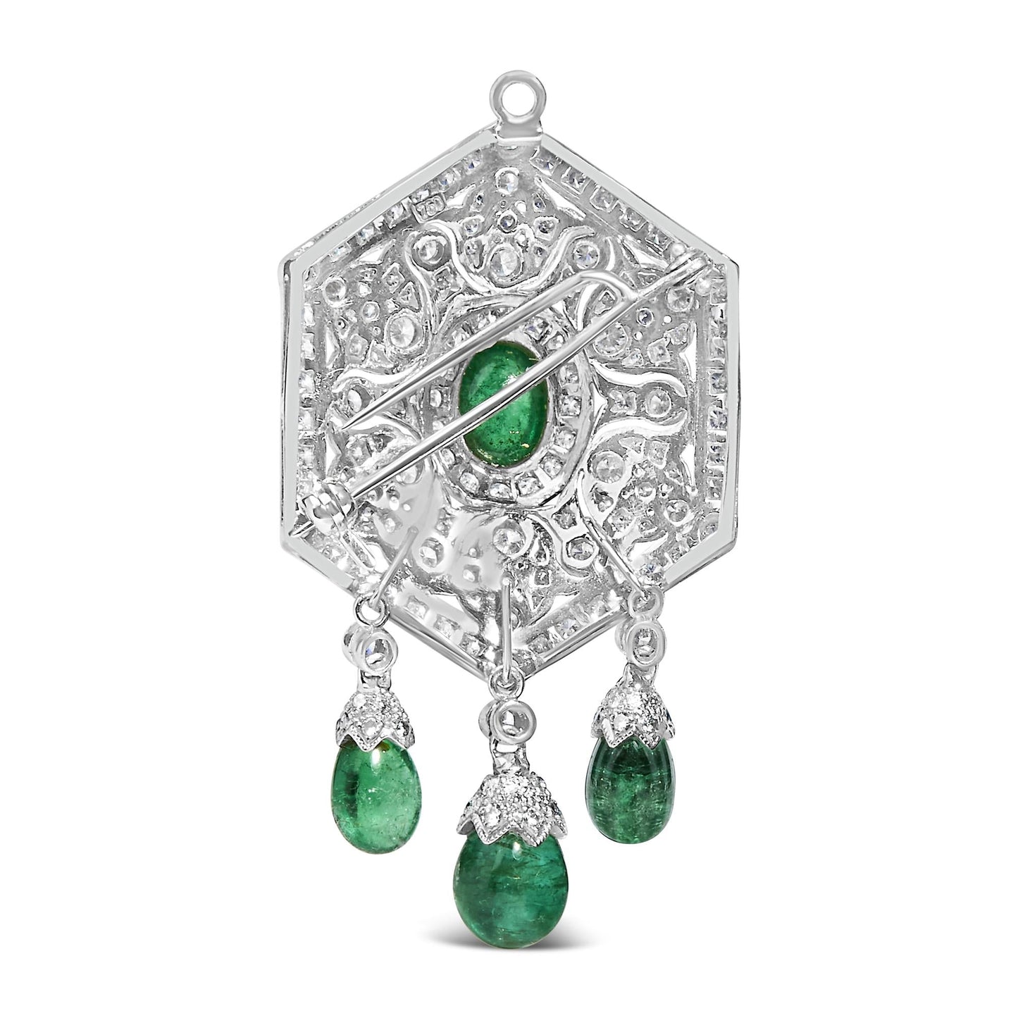 18K 2 3/4 Cttw Diamond and Emerald Dangle Art Deco Shield Brooch Pin Pendant (G-H Color, VS1-VS2 Clarity) CHAIN NOT INCLUDED