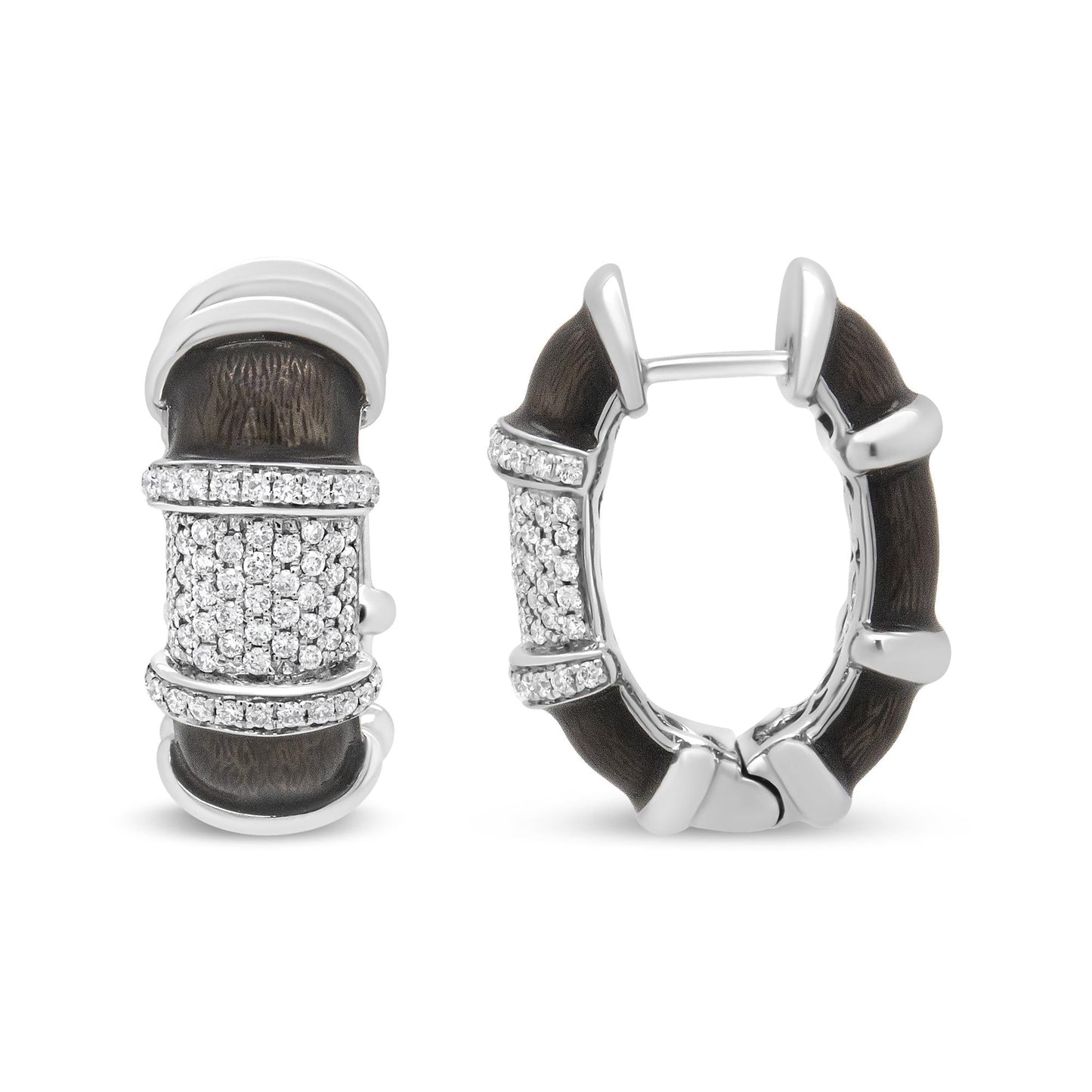 18K White Gold Flash Plated .925 Sterling Silver Clear Graphite Grey Enamel 5/8 Cttw Round Diamonds Huggie Hoop Earrings (F-G Color, VS1-VS2 Clarity)