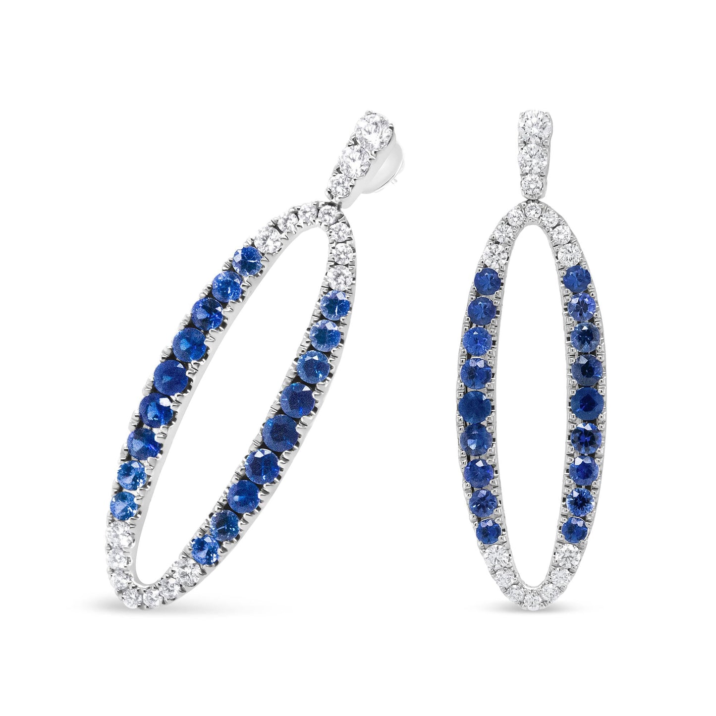 18K White Gold 1.11 Cttw Blue Round Diamond and Blue Sapphire Openwork Oval Shaped Dangle Earrings (F-G Color, VS1-VS2 Clarity)