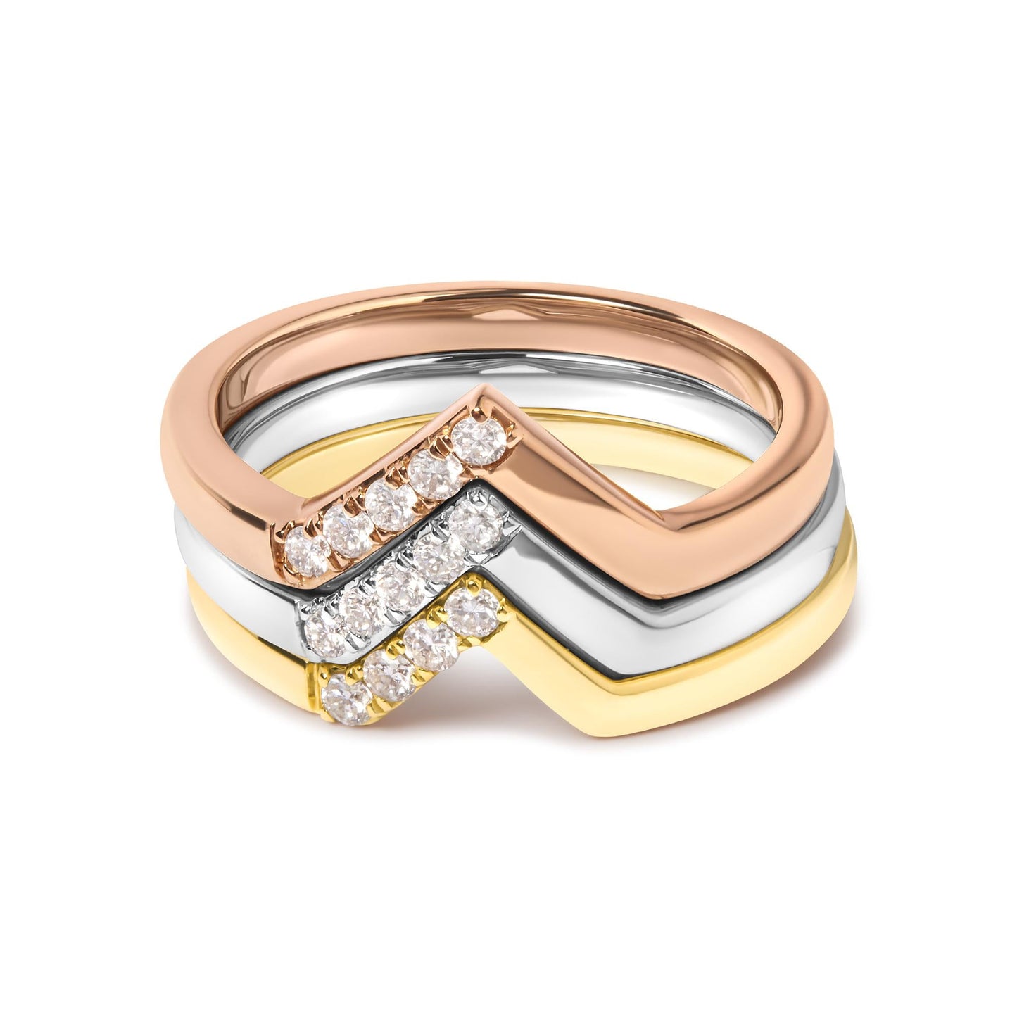 14K Gold 1/4 Cttw Diamond Geometrical Chevron V Stackable Band Ring Set (G-H Color, SI1-SI2 Clarity) - Size 7