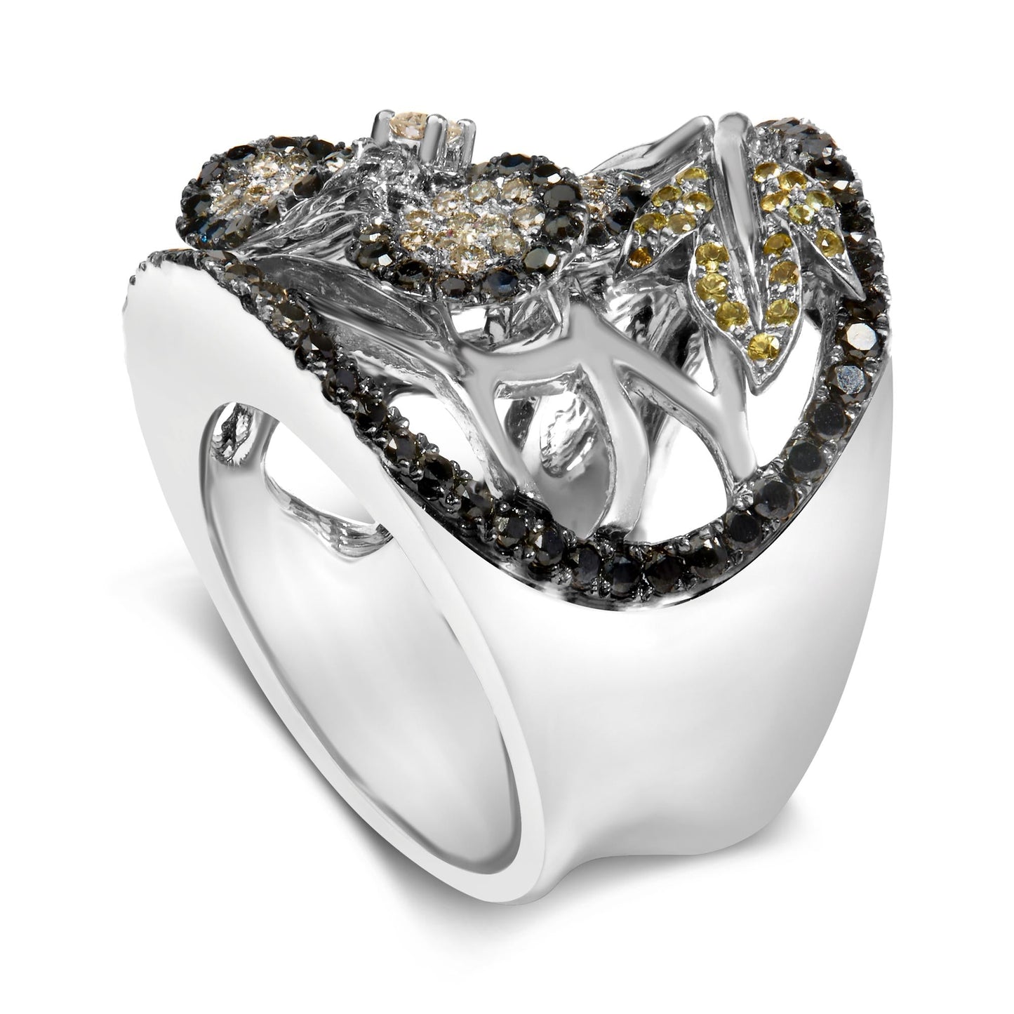 14K White Gold 2 3/5 Cttw Black and White Diamond and Yellow Sapphire Floral Cocktail Ring Band (H-I Color, SI1-SI2 Clarity) - Ring Size 7