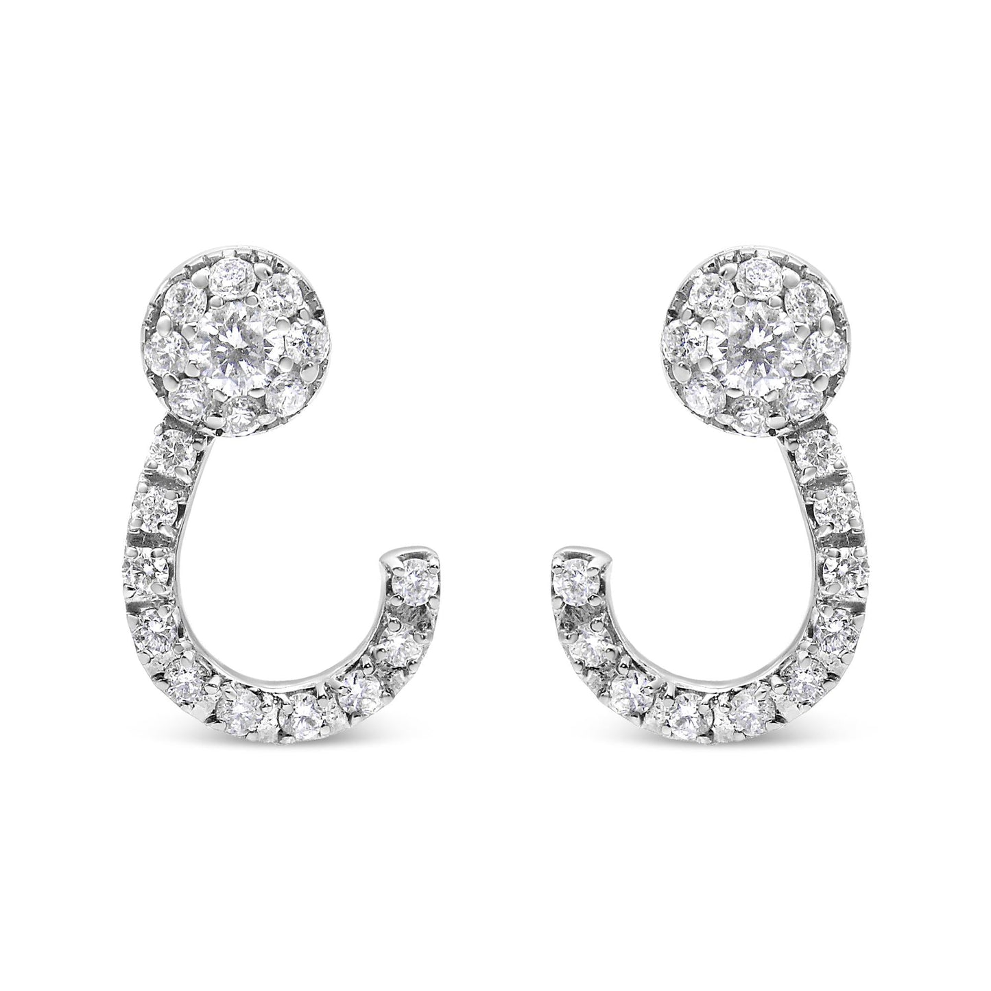 14K White Gold 1.00 Cttw Round-Cut Diamond Curved Cluster Drop Stud Earrings (G-H Color, SI1-SI2 Clarity)