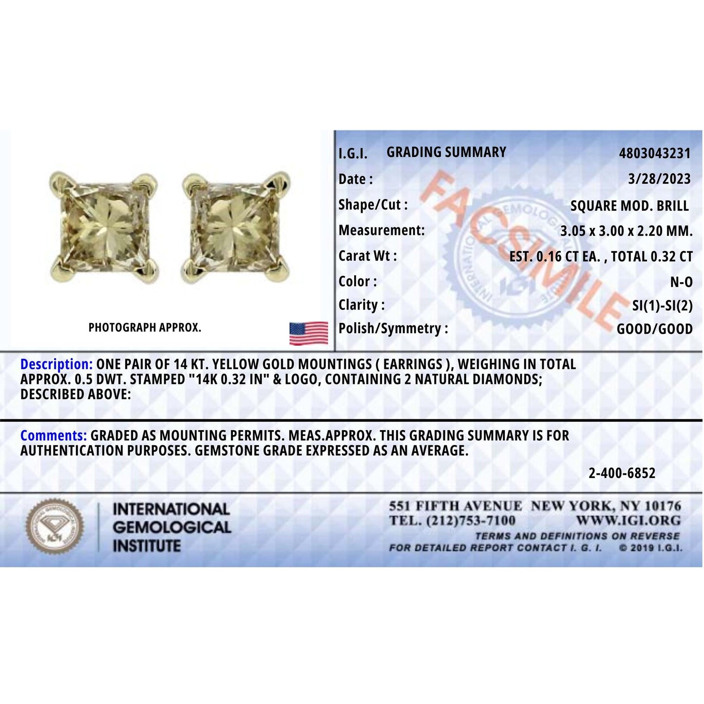 IGI Certified 14K Gold 1/3 Cttw 4-Prong Set Princess-Cut Solitaire Diamond Push Back Stud Earrings (N-O Color, SI1-SI2 Clarity)