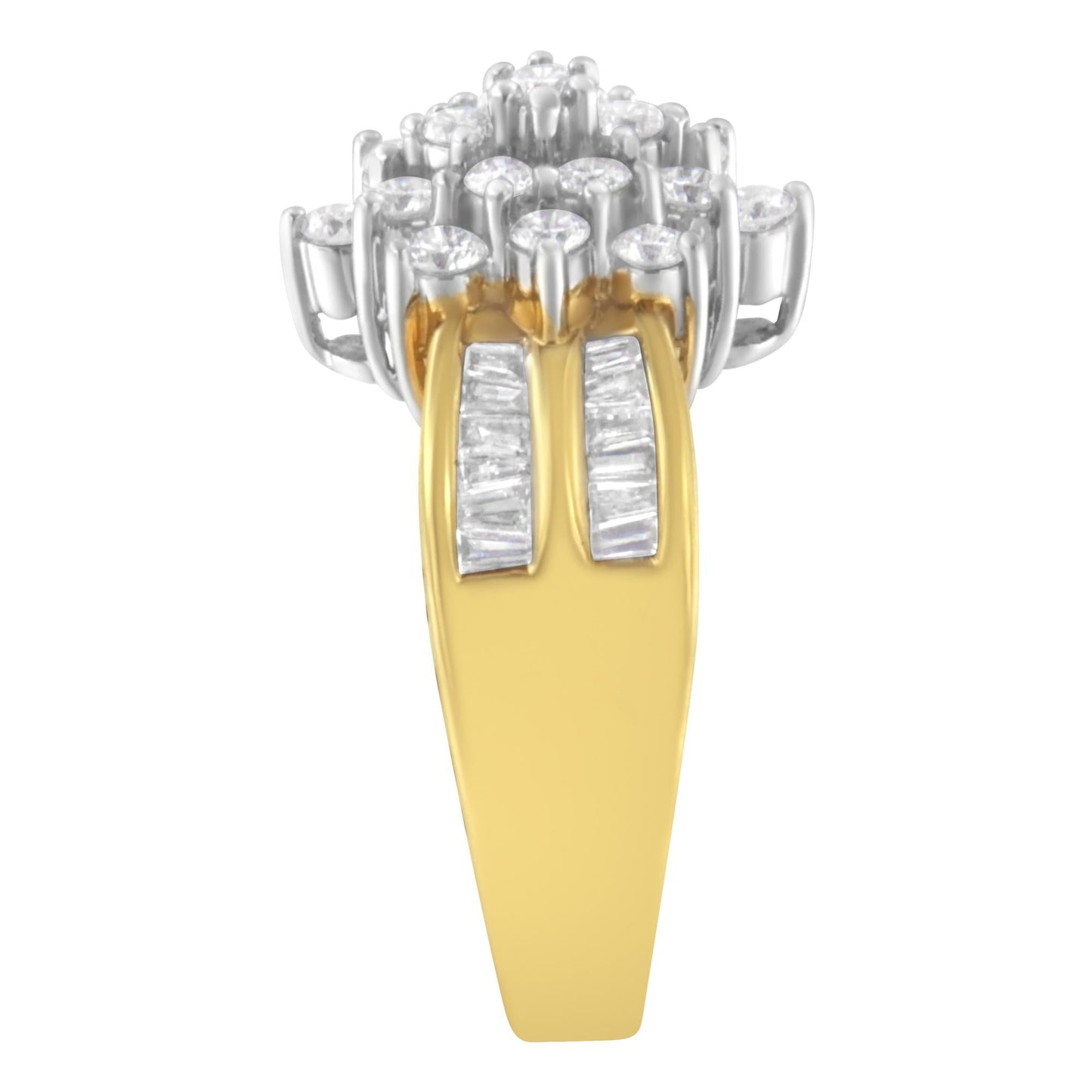 14K Yellow Gold 1.0 Cttw Round & Baguette Cut Diamond Floral Cluster Double-Channel Flared Band Cocktail Statement Ring (H-I Color, SI2-I1 Clarity)