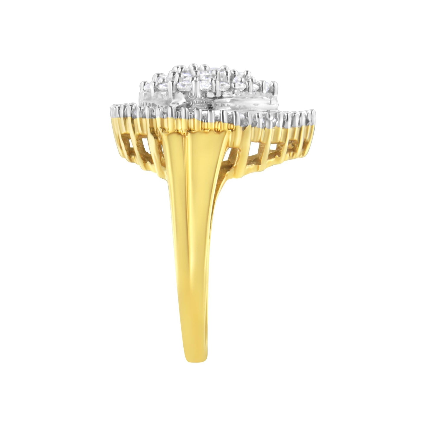 10K Yellow Gold 1.0 Cttw Round and Baguette Cut Diamond Oval Shaped Cluster Ring (I-J Color, I1-I2 Clarity)