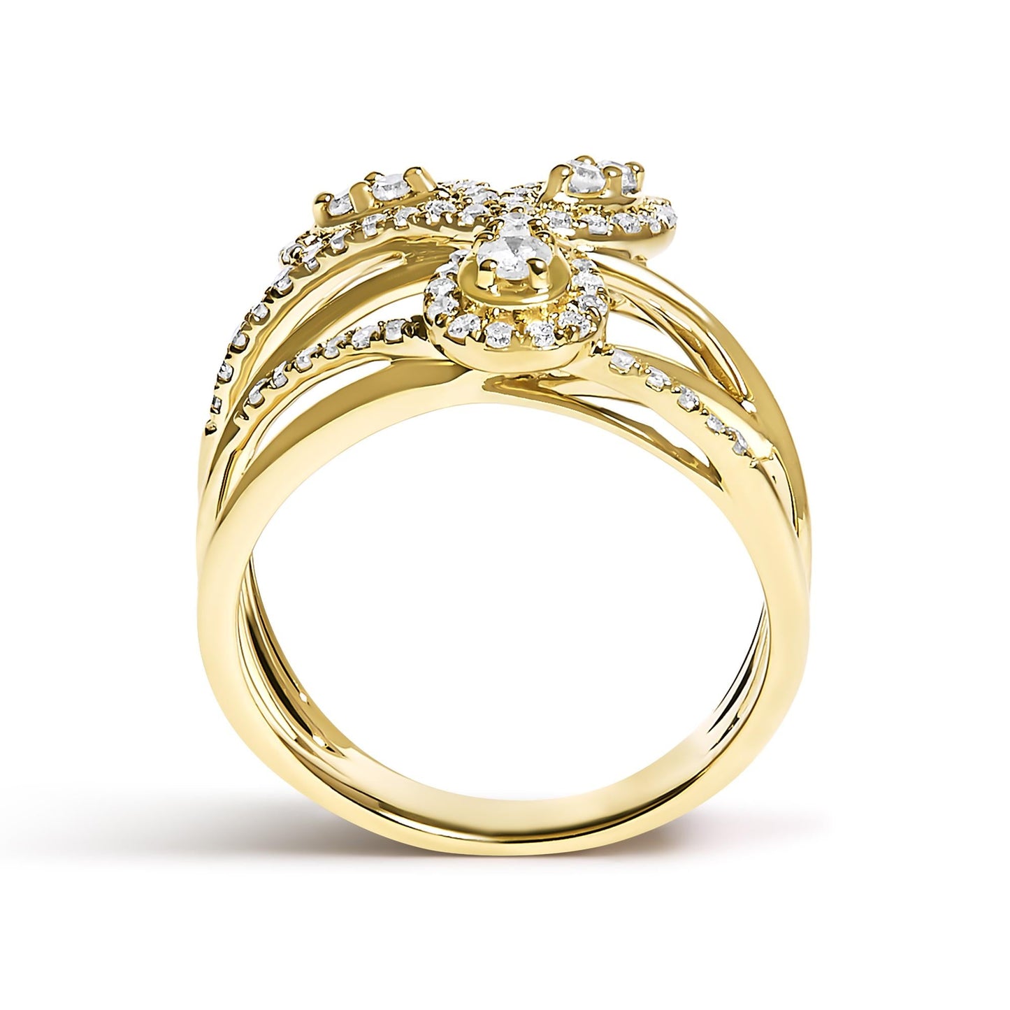 10K Yellow Gold 1/2 Cttw Diamond Crossover 3 Leaf Floral Cocktail Ring Band (H-I Color, SI1-SI2 Clarity)