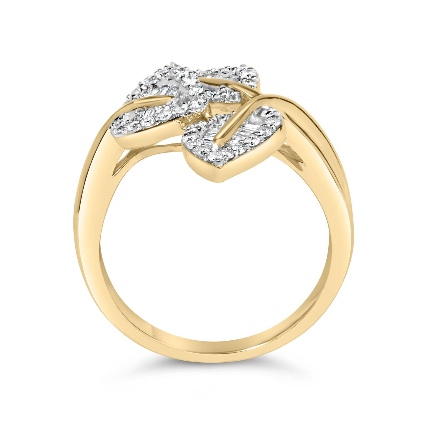 18K Yellow Gold Plated .925 Sterling Silver 1/2 Cttw Baguette and Round Diamond Bypass Triple Leaf Ring (I-J Color, I1-I2 Clarity)