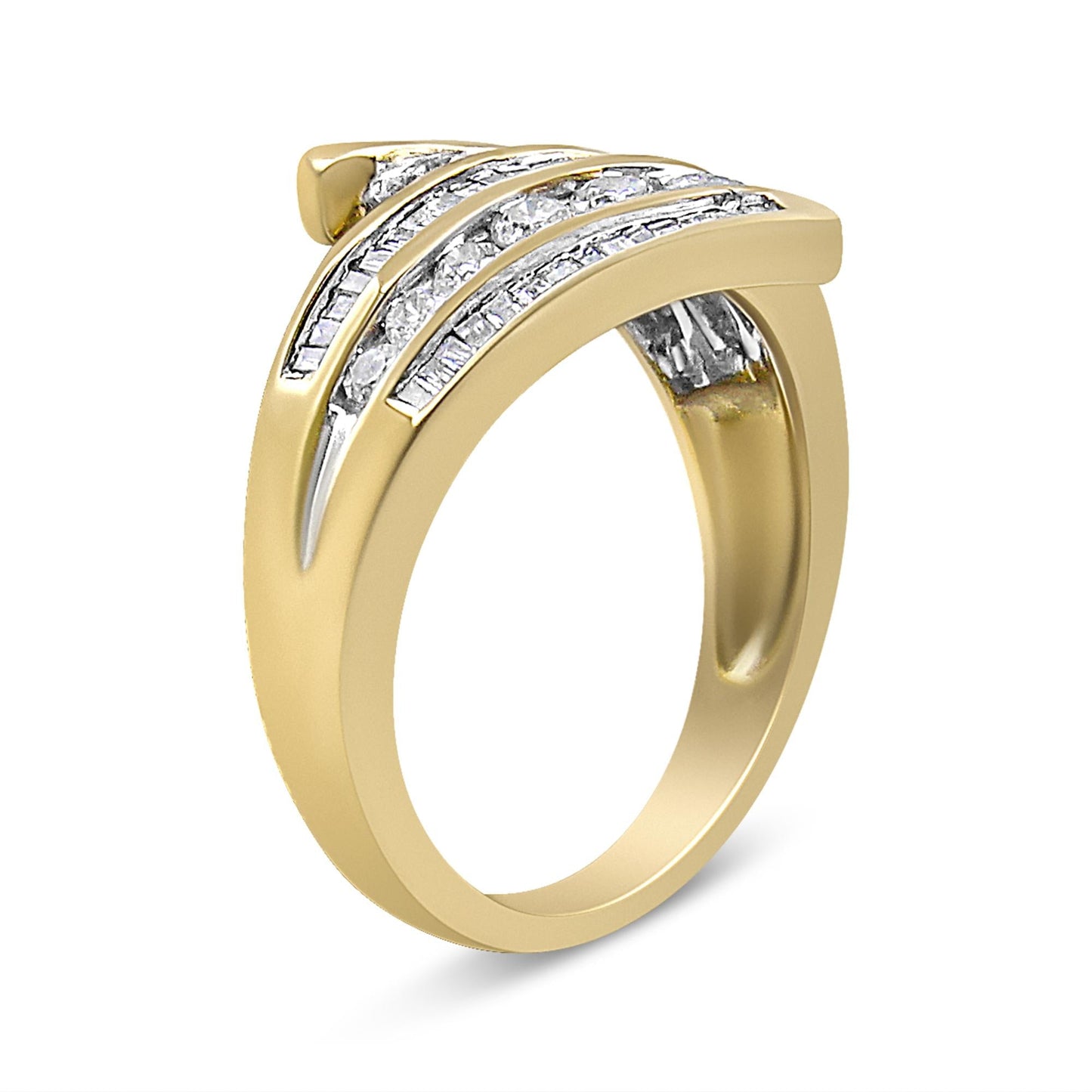 10K Yellow Gold 1 Cttw Round and Baguette-Cut Diamond Multi Row Bypass Ring Band (H-I Color, I1-I2 Clarity)