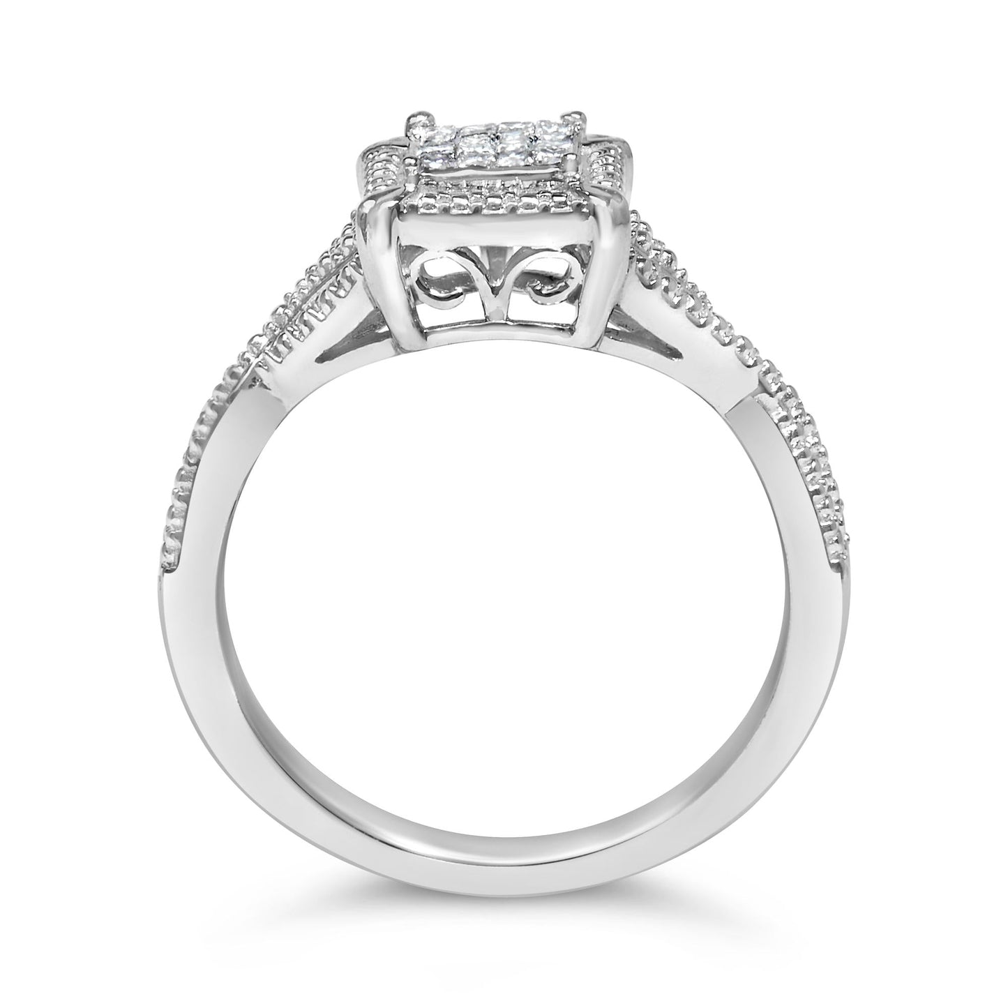 10K White Gold 1/7 Cttw Princess Cut Diamond Composite Head and Beaded Shank Engagement Ring (H-I Color, SI1-SI2 Clarity)