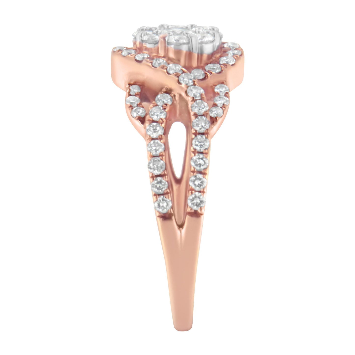 10K Rose Gold 3/4 Cttw Diamond Floral Cluster Head and Twisted Shank Cocktail  Ring (H-I Color, SI1-SI2 Clarity)-