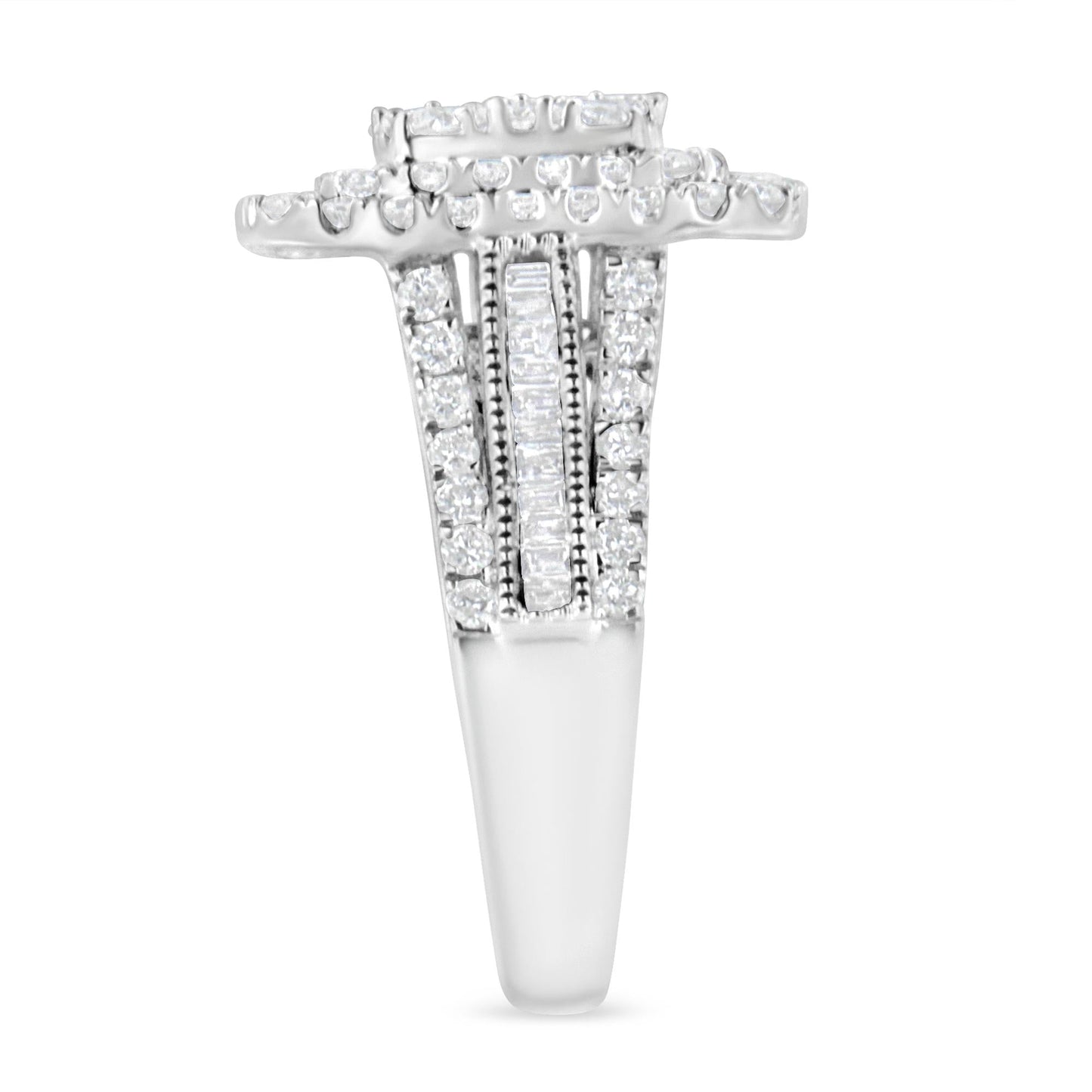 10K White Gold 2 Cttw Brilliant Round-Cut and Baguette Diamond Halo and Cluster Ring (I-J Color, I1-I2 Clarity)