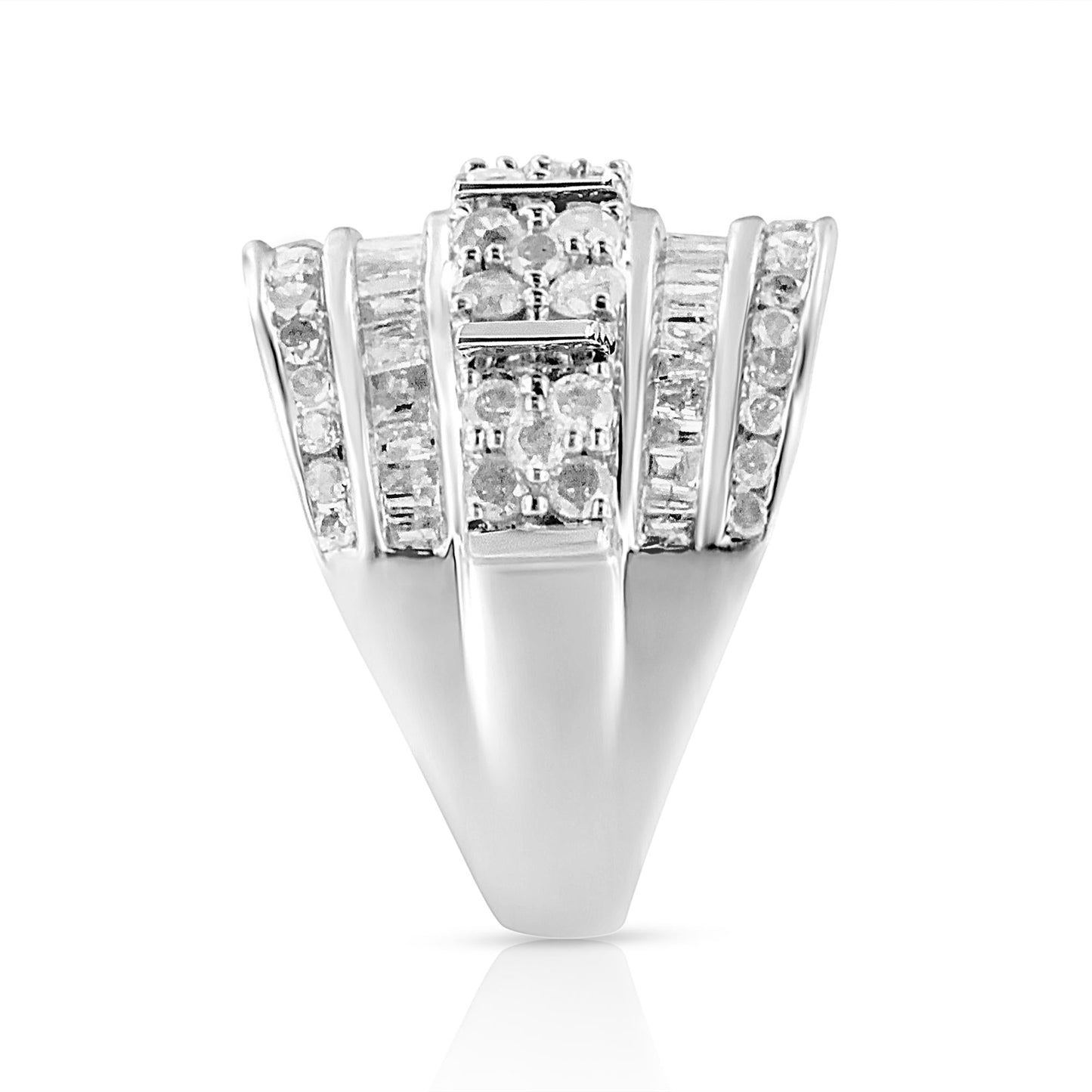 .925 Sterling Silver 2.0 Cttw Round & Baguette Cut Diamond Multi-Row Channel Set Tapered Cocktail Fashion Ring (I-J Color, I3 Clarity)