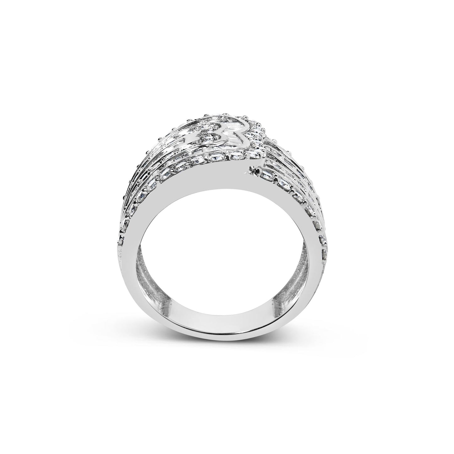 10K White Gold 2 1/2 Cttw Round and Baguette-Cut Diamond Multi-Row Bypass Ring (J-K Color, I2-I3 Clarity)