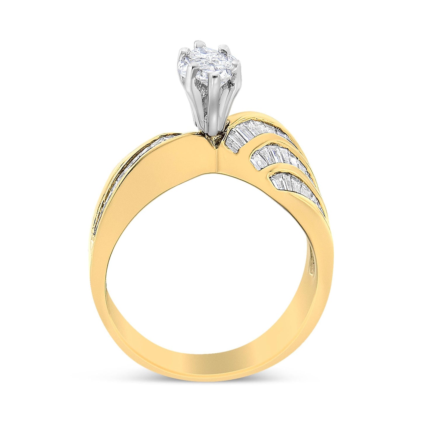 14K White and Yellow Gold 1 1/4 Cttw Pie and Baguette-Cut Diamond Marquise Shape Engagement Bypass Ring (H-I Color, VS1-VS2 Clarity)