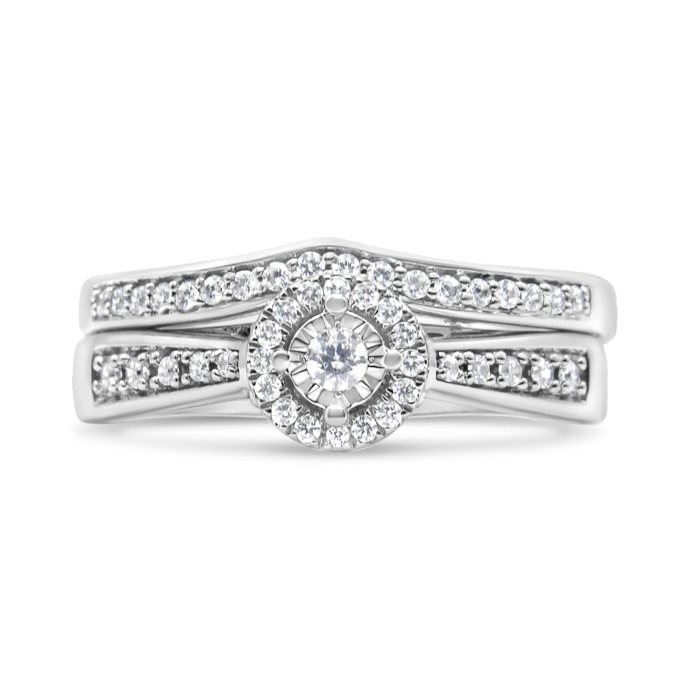 .925 Sterling Silver 1/3 Cttw Diamond Halo and Pave Shank Engagement Ring Set (I-J Color, I3 Clarity)