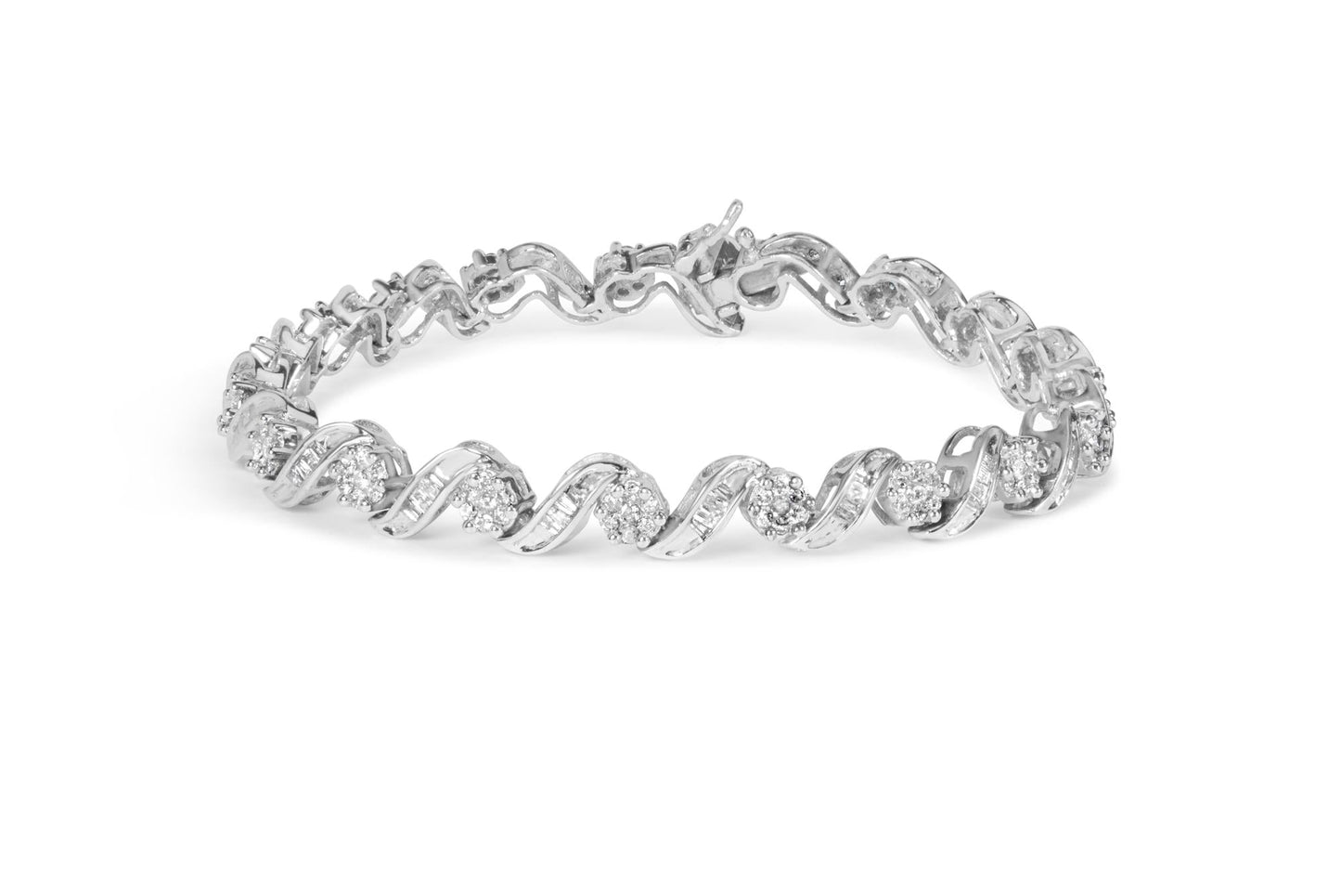 14K White Gold 2.00 Cttw Diamond Cluster and Spiral Link Bracelet (I-J Color, I1-I2 Clarity) - 7"