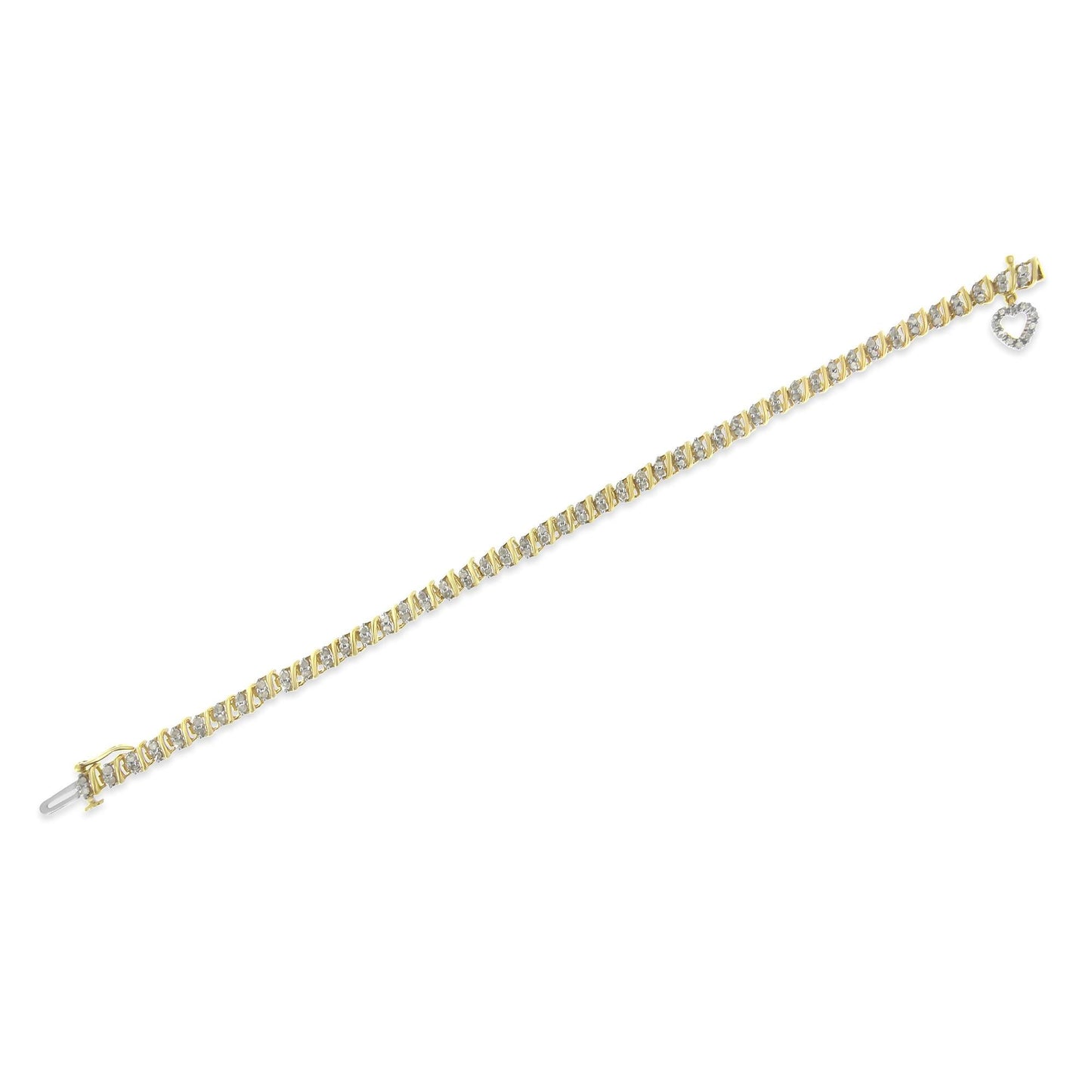 10K Yellow Gold 2.0 Cttw Diamond 2 Row Link and Heart Charm 7" Link Bracelet (I-J Color, I3 Clarity)