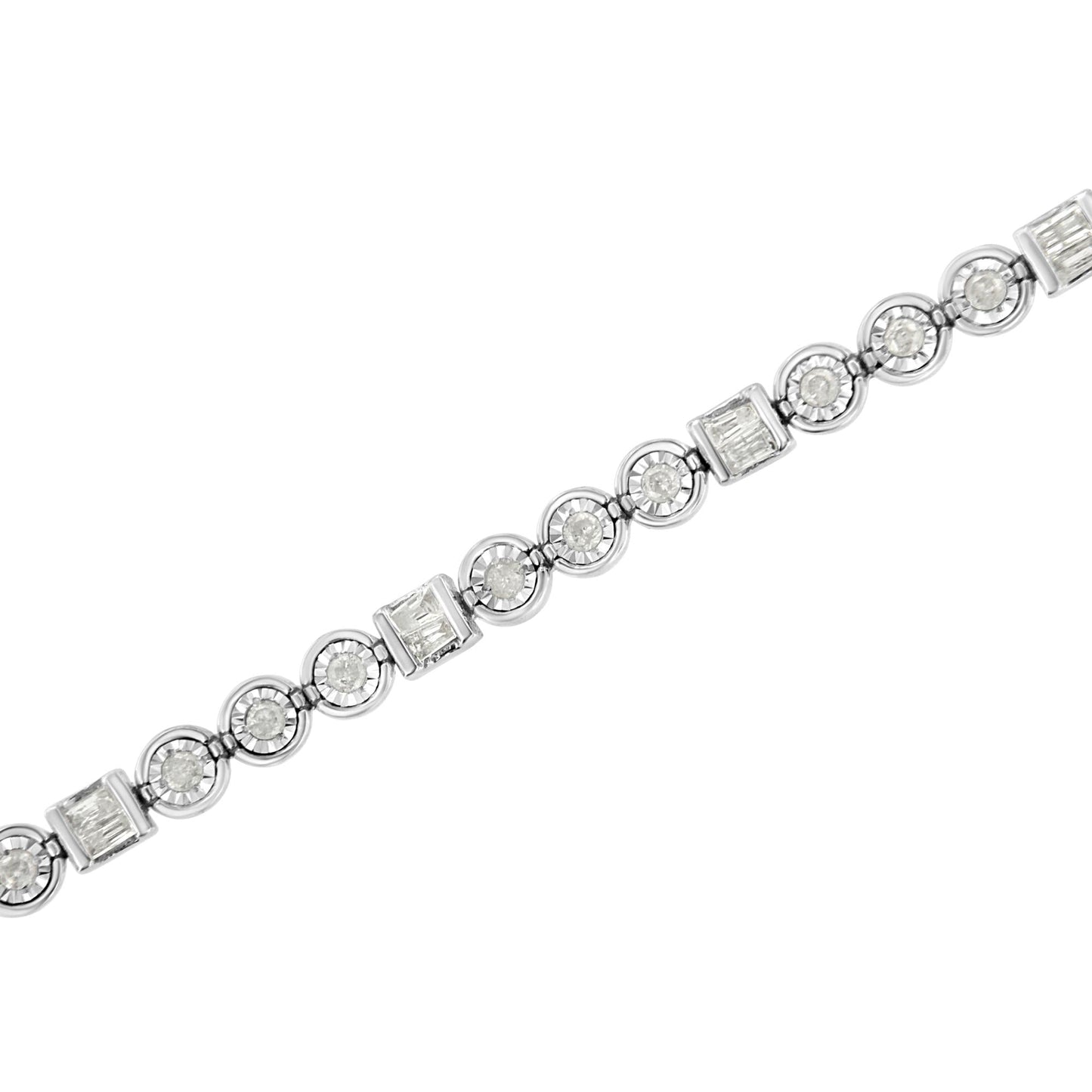 .925 Sterling Silver 1.0 Cttw Alternating Channel Set Baguette and Miracle Set Round Diamond Link Bracelet (I-J Color, I3 Clarity) - 7.25"