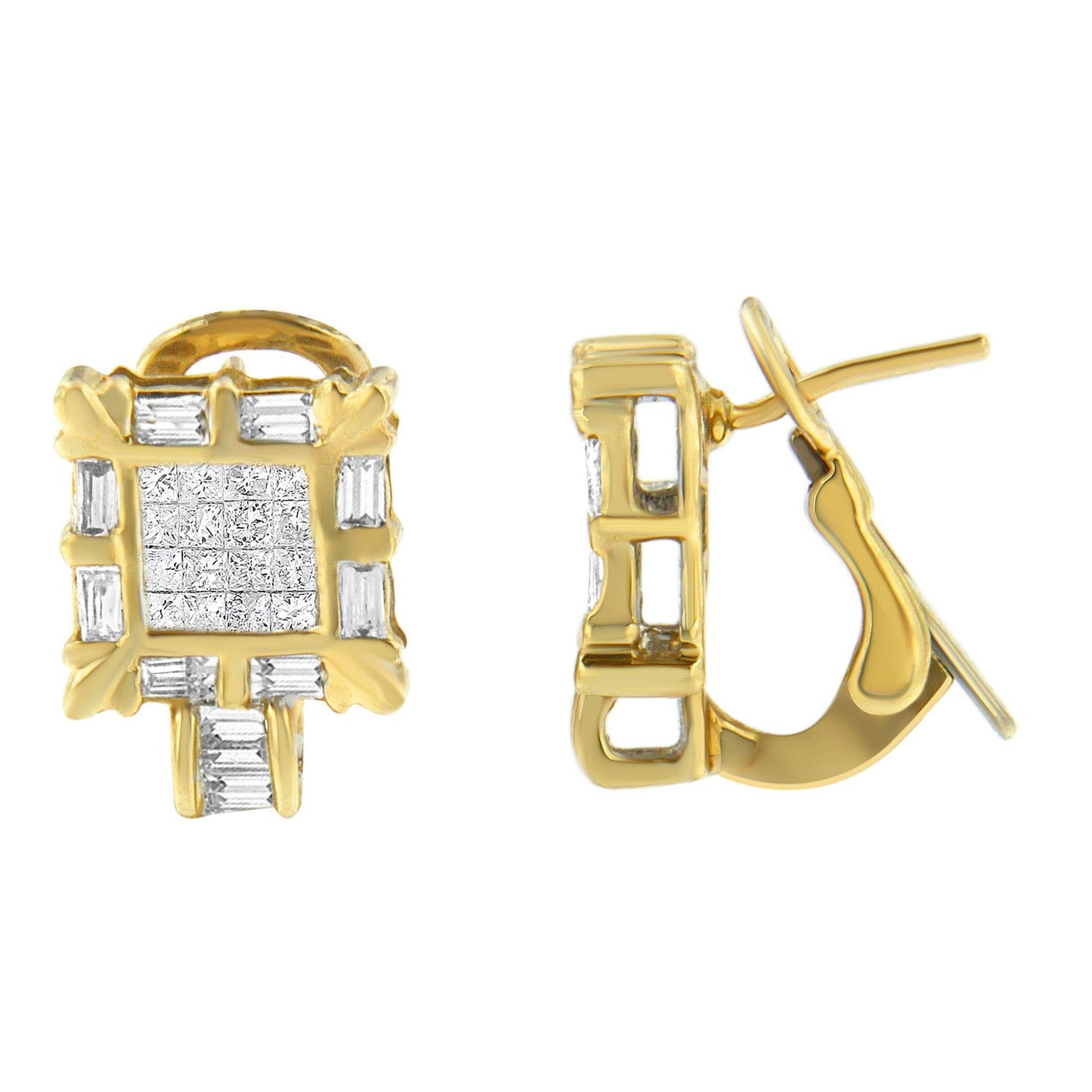 14K Yellow Gold 7/8 Cttw Princess and Baguette-Cut Diamond Square Framed Huggie Hoop Omega Earrings (H-I Color, SI1-SI2 Clarity)