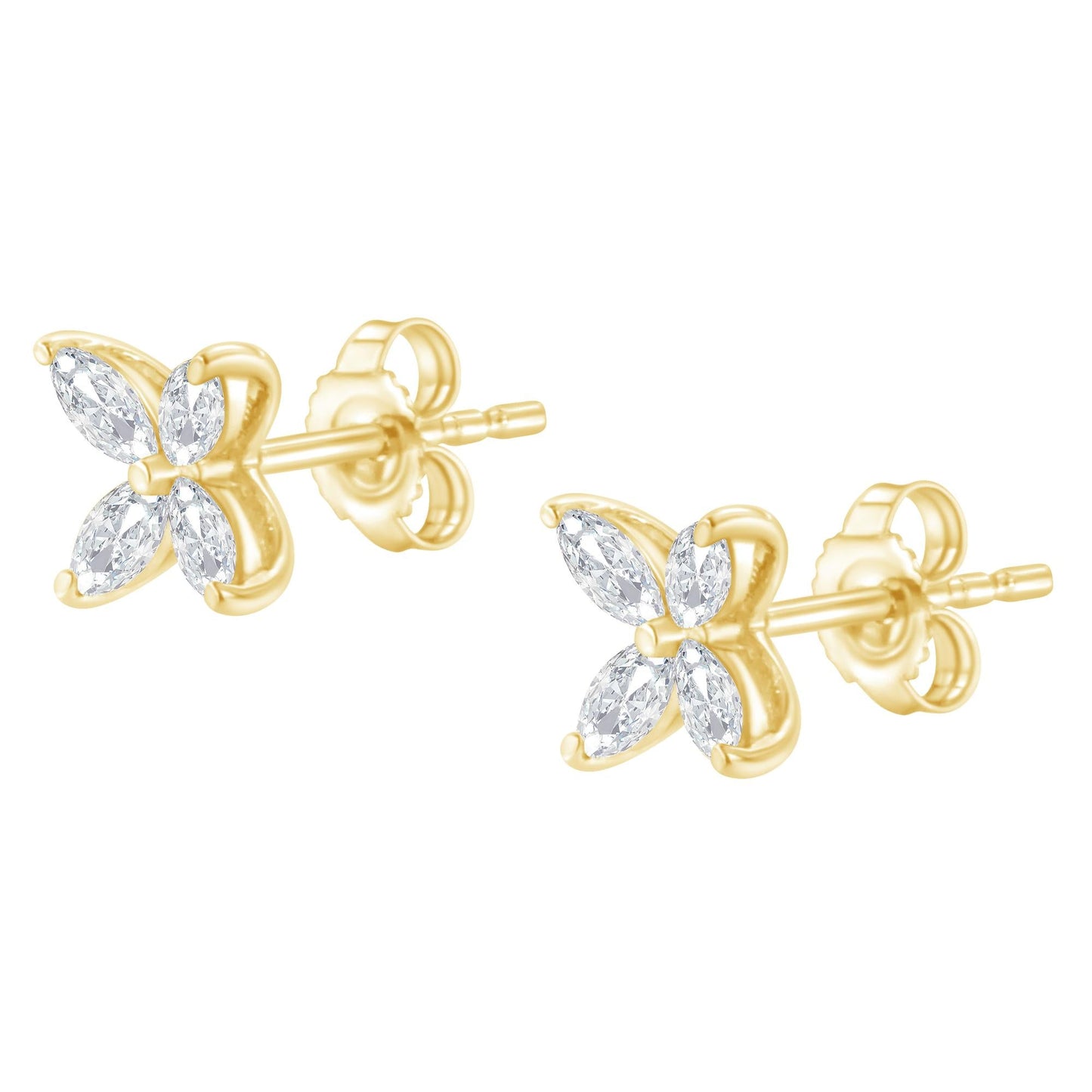 14K Gold Marquise Diamond 8 Stone Floral Leaf Stud Earrings (I-J Color, SI2-I1 Clarity)