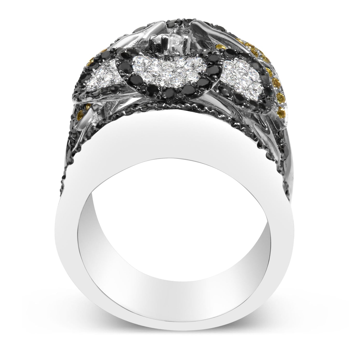 14K White Gold 2 3/5 Cttw Black and White Diamond and Yellow Sapphire Floral Cocktail Ring Band (H-I Color, SI1-SI2 Clarity) - Ring Size 7