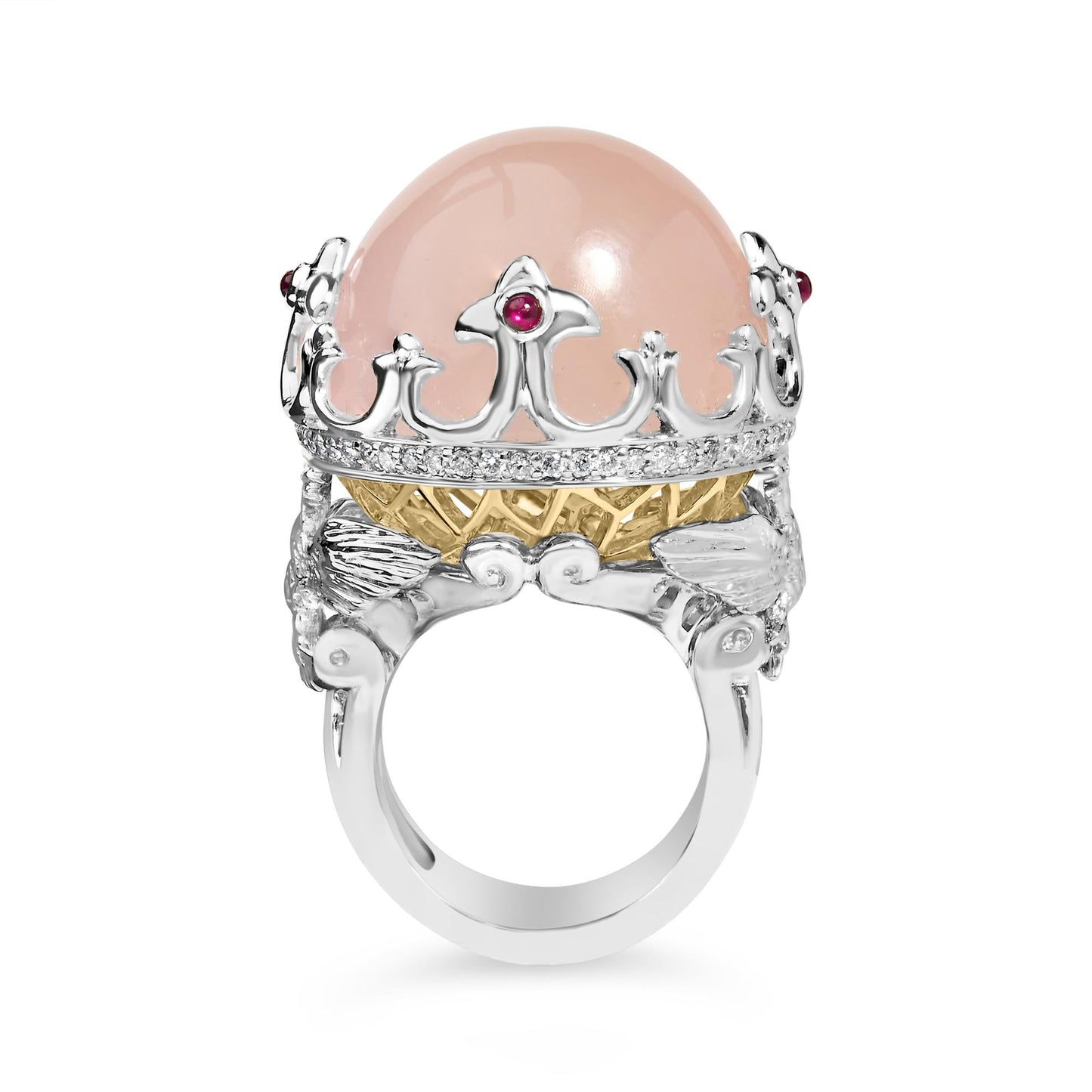 14K White Gold Pink Quartz Crystal Ball and  Diamond and Ruby Crown Shaped Cocktail Ring (F-G Color, SI1-SI2 Clarity) - Ring Size 7